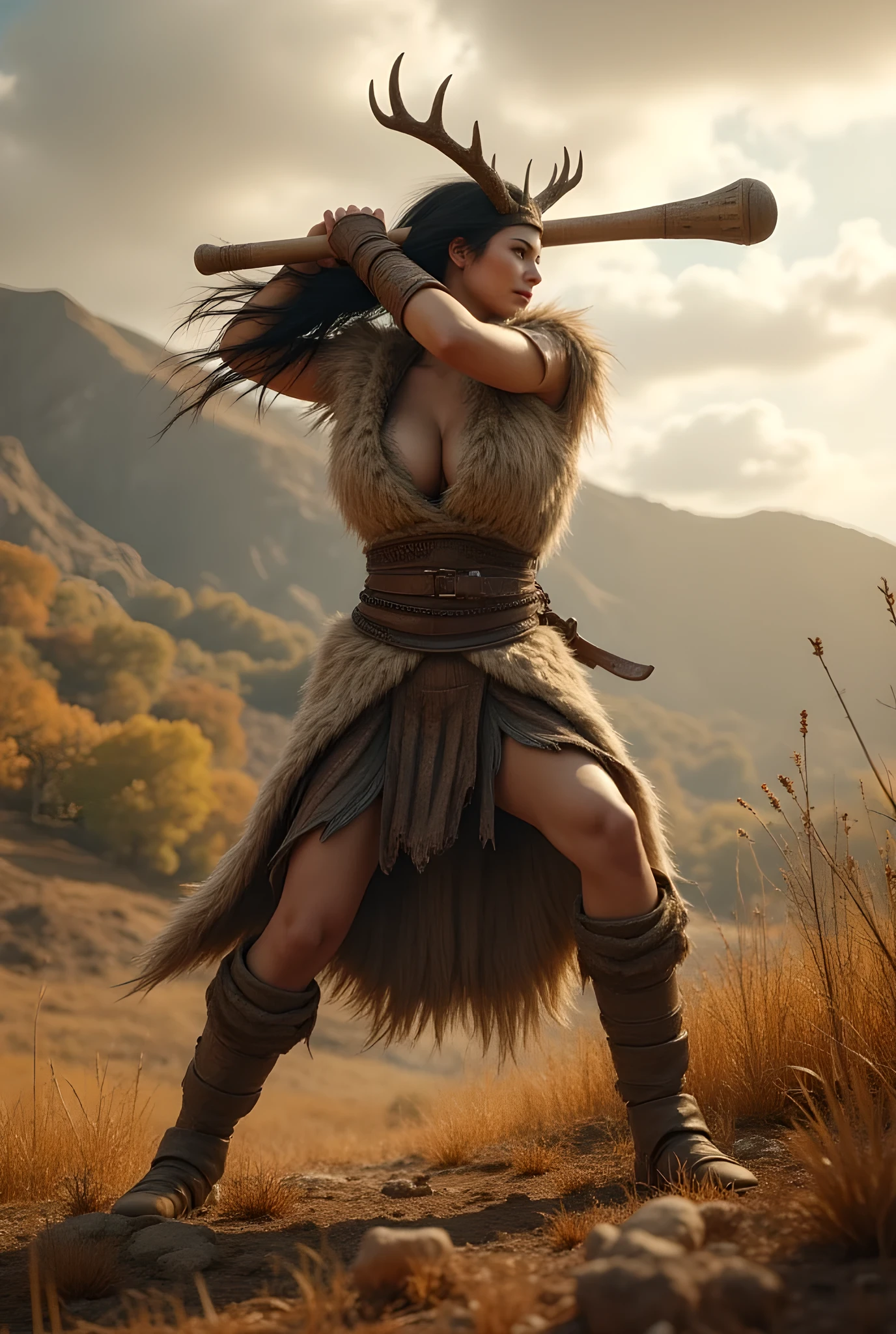 Ancient prehistoric age era,
Dynamic battle stance,
((Realistic cinematography ultra wide depth intense hills angle of scenery)),a female warrior is holding and swing swiftly a big wooden club weapon,((a barbarian female ancient fighter)),wearing fully long fur primitively fabric warfare long coat and leather armor, swing body motion,,(perfectly depth symmetrical muscular bulky shapely),(cinematic dynamically wide camera angle scenery:accurately depicted:1.3),the lively prehistoric hill depicting scenery,golden hour,realistically full depth,(cinematography dynamic angle|hyperrealistic:realistic scenery:3d texture over the scenery),autumn season,best videography angle,hdr,(cinematography vibe),cloudy,(dynamic image composition),(octane 3d rendering|50mm lens shot:1.3),(lifelike skin texture:lifelike thick hairs:deer bone helmet),(best rule of third photography composition),(best image aperture),(full details depth of field),(best shutter speed),(RAW photo image),(photorealistic|photorealism:hyperrealism style),(realistic depth 3d:cgi:1.3),(trending on cgsociety:devianart:unreal engine 5),,(best photography:national Geographic style), fantasyPunkAi and tikiPunkAi artwork, digital art,best lighting concept,(realistic fixed truly fully human anatomy body+hands+and+fingers anatomical),inspired by farcry5 game artwork.
Safe Image Work,