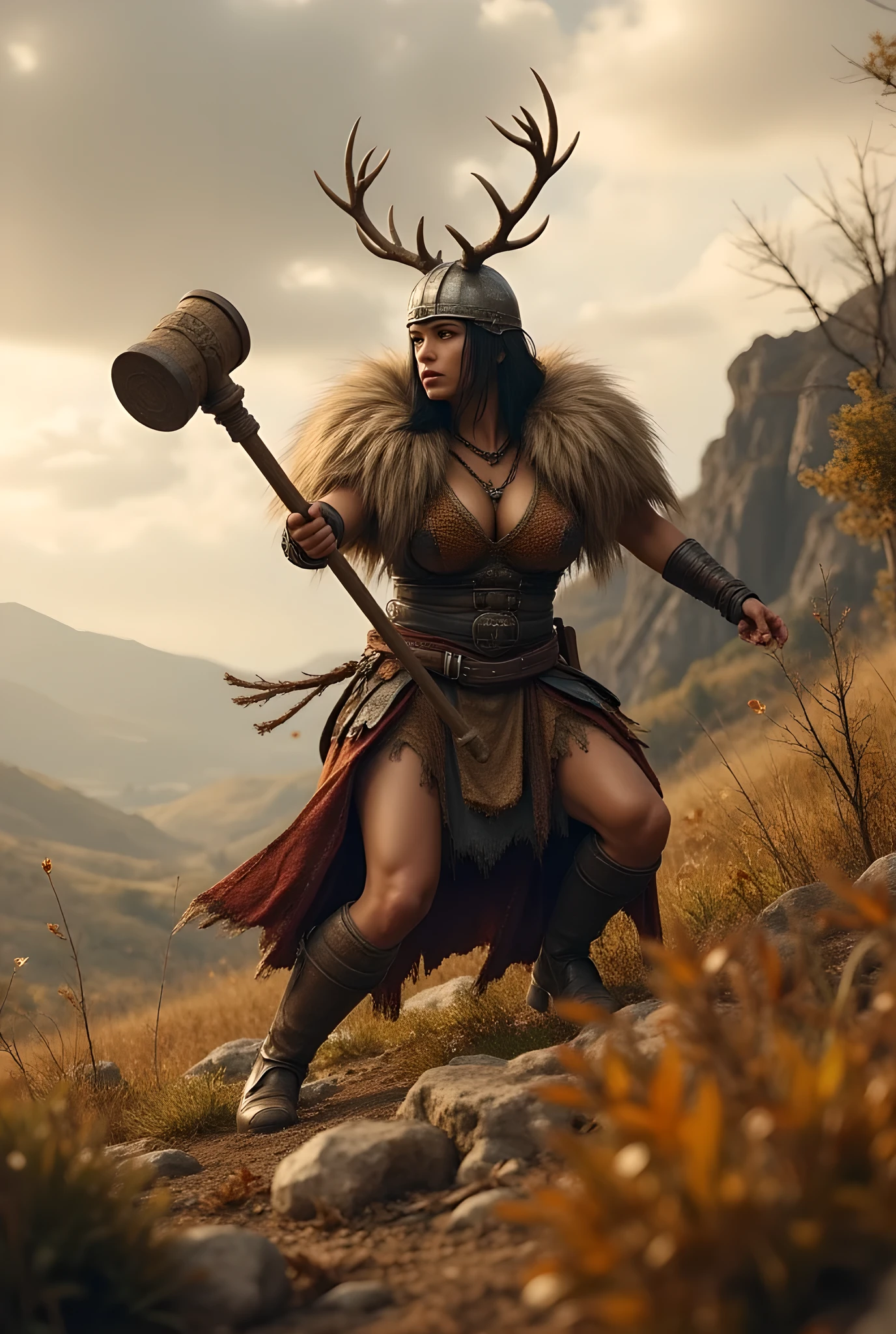 Ancient prehistoric age era,
Dynamic battle stance,
((Realistic cinematography ultra wide depth intense hills angle of scenery)),a female warrior is holding and swing swiftly,(a big ultra-detailed wooden bludgeon club weapon) ,((a barbarian female ancient fighter)),wearing fully long fur primitively fabric warfare long coat and leather armor, swing body motion,,(perfectly depth symmetrical muscular bulky shapely),(cinematic dynamically wide camera angle scenery:accurately depicted:1.3),the lively prehistoric hill depicting scenery,golden hour,realistically full depth,(cinematography dynamic angle|hyperrealistic:realistic scenery:3d texture over the scenery),autumn season,best videography angle,hdr,(cinematography vibe),cloudy,(dynamic image composition),(octane 3d rendering|50mm lens shot:1.3),(lifelike skin texture:lifelike thick hairs:deer bone helmet),(best rule of third photography composition),(best image aperture),(full details depth of field),(best shutter speed),(RAW photo image),(photorealistic|photorealism:hyperrealism style),(realistic depth 3d:cgi:1.3),(trending on cgsociety:devianart:unreal engine 5),,(best photography:national Geographic style), fantasyPunkAi and tikiPunkAi artwork, digital art,best lighting concept,(realistic fixed truly fully human anatomy body+hands+and+fingers anatomical),inspired by farcry5 game artwork.
Safe Image Work,