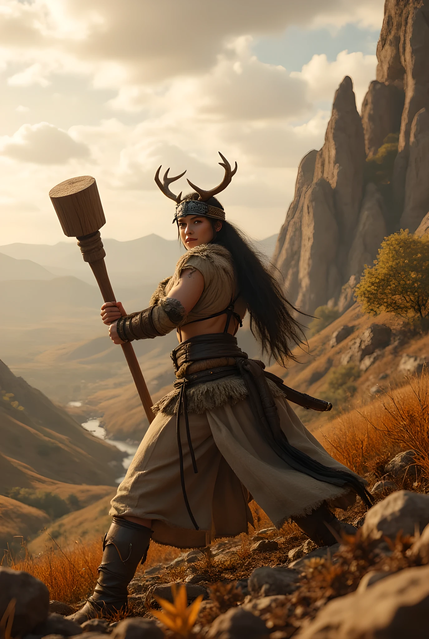 Ancient prehistoric age era,
Dynamic battle stance,
((Realistic cinematography ultra wide depth intense hills angle of scenery)),a female warrior is holding and swing swiftly,(a big ultra-detailed wooden bludgeon club weapon) ,((a barbarian female ancient fighter)),wearing fully long fur primitively fabric warfare long coat and leather armor, swing body motion,,(perfectly depth symmetrical muscular bulky shapely),(cinematic dynamically wide camera angle scenery:accurately depicted:1.3),the lively prehistoric hill depicting scenery,golden hour,realistically full depth,(cinematography dynamic angle|hyperrealistic:realistic scenery:3d texture over the scenery),autumn season,best videography angle,hdr,(cinematography vibe),cloudy,(dynamic image composition),(octane 3d rendering|50mm lens shot:1.3),(lifelike skin texture:lifelike thick hairs:deer bone helmet),(best rule of third photography composition),(best image aperture),(full details depth of field),(best shutter speed),(RAW photo image),(photorealistic|photorealism:hyperrealism style),(realistic depth 3d:cgi:1.3),(trending on cgsociety:devianart:unreal engine 5),,(best photography:national Geographic style), fantasyPunkAi and tikiPunkAi artwork, digital art,best lighting concept,(realistic fixed truly fully human anatomy body+hands+and+fingers anatomical),inspired by farcry5 game artwork.
Safe Image Work,