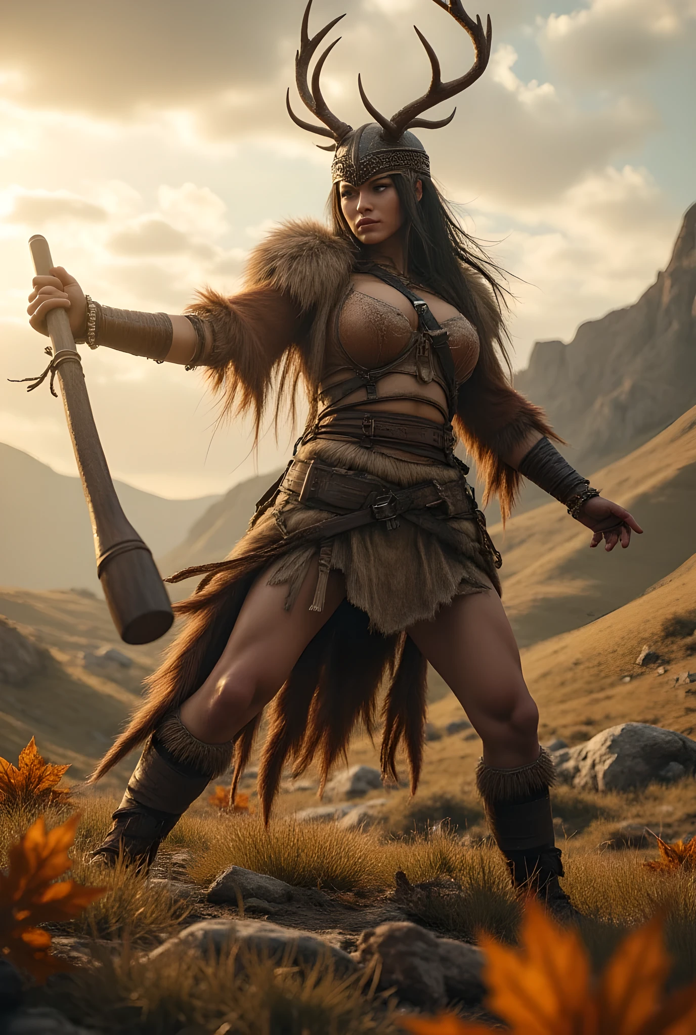 Ancient prehistoric age era,
Dynamic battle stance,
((Realistic cinematography ultra wide depth intense hills angle of scenery)),a female warrior is holding and swing swiftly,(a big ultra-detailed wooden bludgeon club weapon) ,((a barbarian female ancient fighter)),wearing fully long fur primitively fabric warfare long coat and leather armor, swing body motion,,(perfectly depth symmetrical muscular bulky shapely),(cinematic dynamically wide camera angle scenery:accurately depicted:1.3),the lively prehistoric hill depicting scenery,golden hour,realistically full depth,(cinematography dynamic angle|hyperrealistic:realistic scenery:3d texture over the scenery),autumn season,best videography angle,hdr,(cinematography vibe),cloudy,(dynamic image composition),(octane 3d rendering|50mm lens shot:1.3),(lifelike skin texture:lifelike thick hairs:deer bone helmet),(best rule of third photography composition),(best image aperture),(full details depth of field),(best shutter speed),(RAW photo image),(photorealistic|photorealism:hyperrealism style),(realistic depth 3d:cgi:1.3),(trending on cgsociety:devianart:unreal engine 5),,(best photography:national Geographic style), fantasyPunkAi and tikiPunkAi artwork, digital art,best lighting concept,(realistic fixed truly fully human anatomy body+hands+and+fingers anatomical),inspired by farcry5 game artwork.
Safe Image Work,