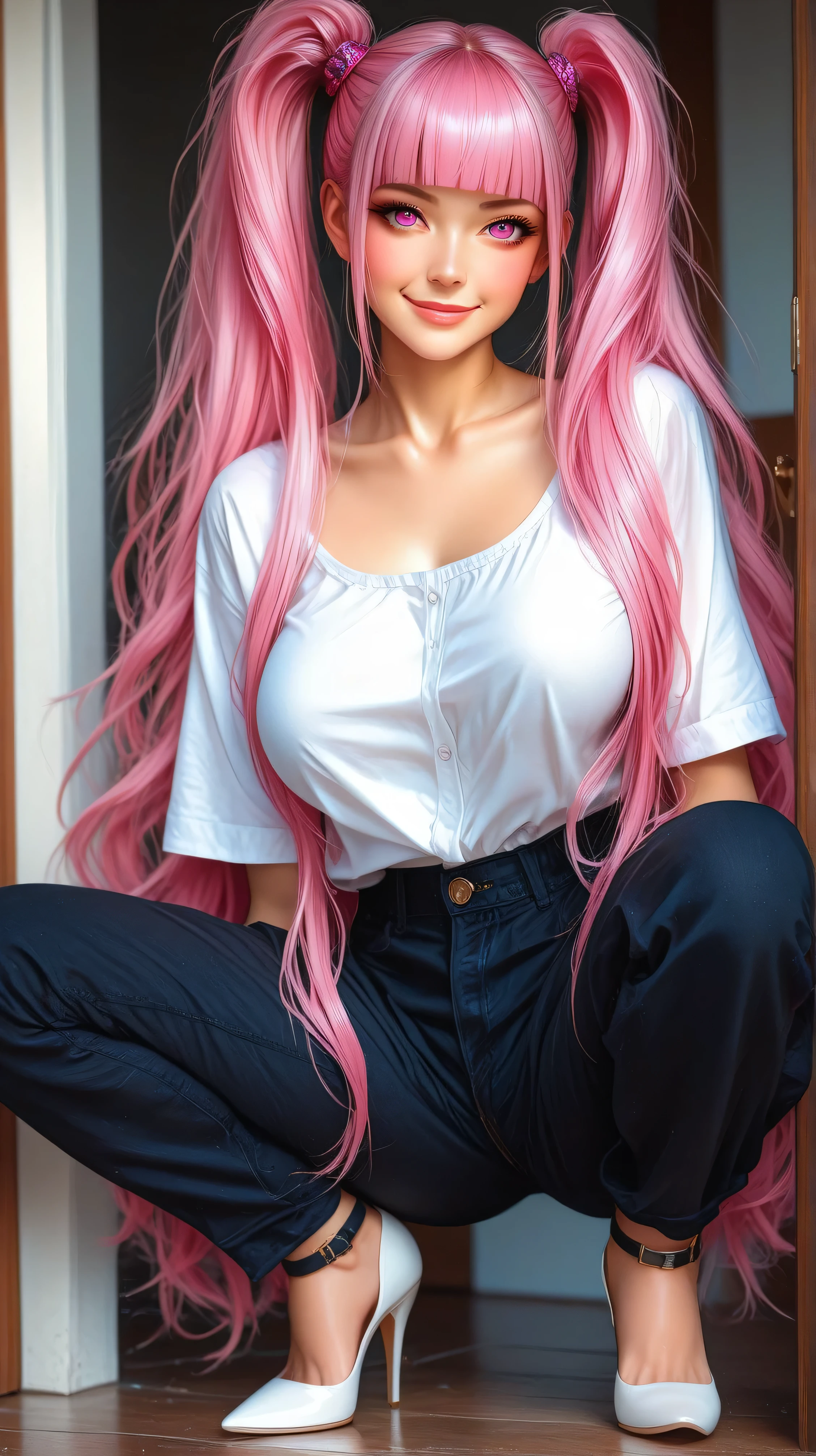 beautiful girl pink long hair . sexy red outfit