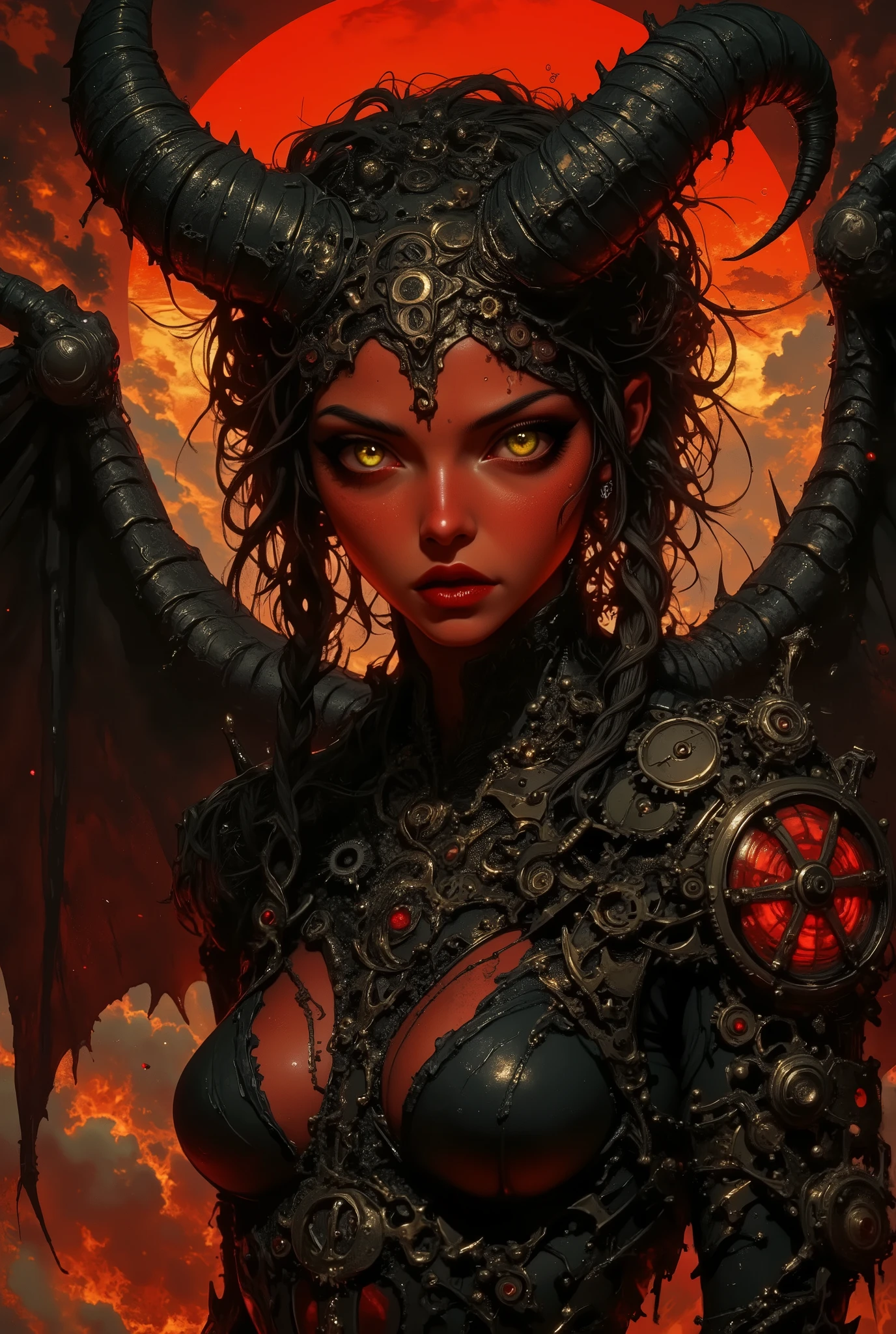 (Makoto shinkai style, anime style, oil painting elements, cinematic lighting) horned Devil woman, deep red lips and black eyeliner, reddish skin and with mechanical steampunk wings on her back , green eyes, clockwork atmosphere, pigtail hairstyle, curls, sun, fantasy atmosphere around