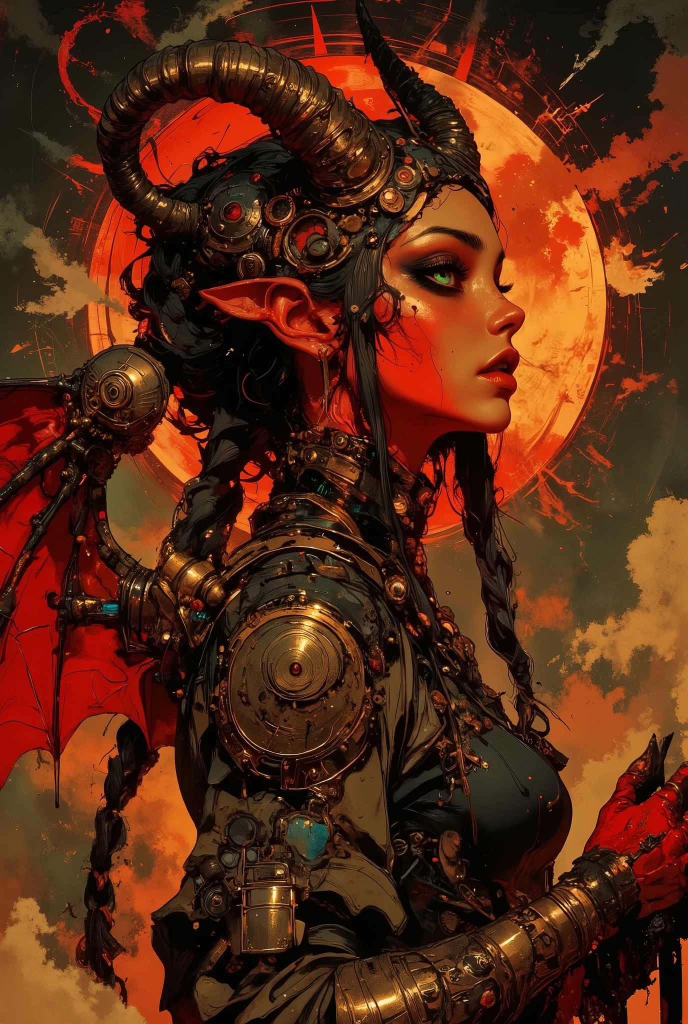 (Makoto shinkai style, anime style, oil painting elements, cinematic lighting) horned Devil woman, deep red lips and black eyeliner, reddish skin and with mechanical steampunk wings on her back , green eyes, clockwork atmosphere, pigtail hairstyle, curls, sun, fantasy atmosphere around