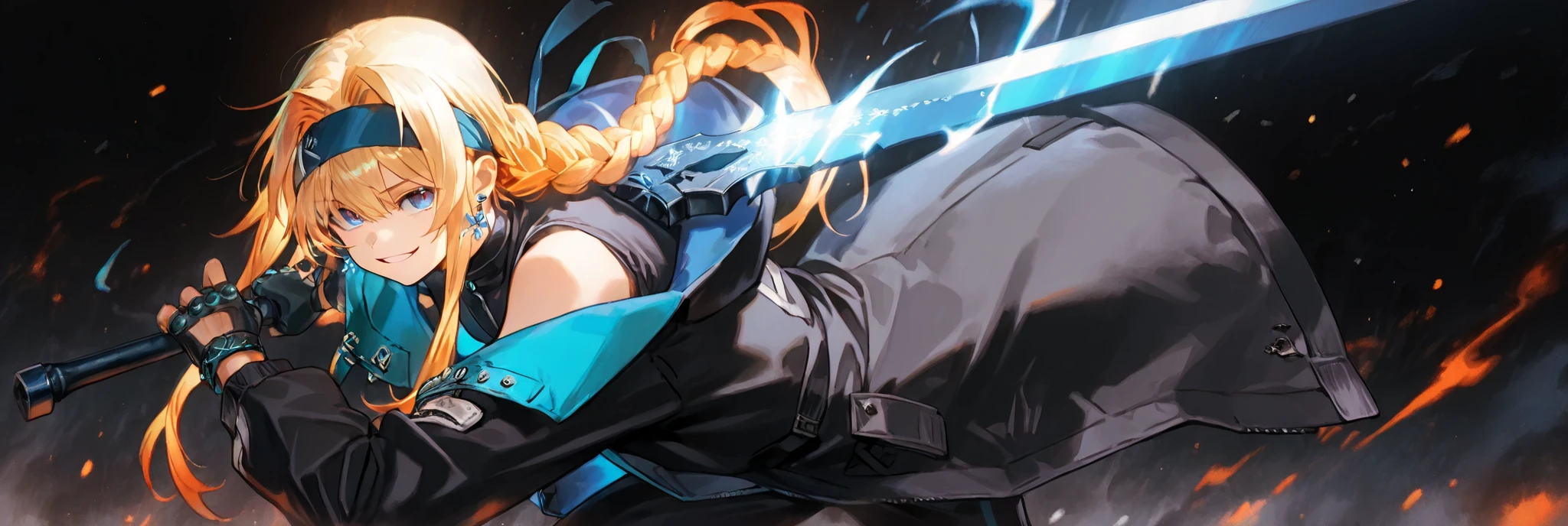 A short, solitary male character, a young teenager, about 5'7" tall, with a style and aura similar to Amiya from Arknights, but unmistakably masculine.
His face is exactly like that of Lloyd de Saloum from Tensei Shitara Dai Nana Ōji, with striking blue eyes and a provocative, confident smile.
His hair is slightly golden, long, and braided only halfway, then tied back and let down. The braid and loose hair are styled exactly like Alice Zuberg's hairstyle in Sword Art Online, but with golden tones. He also wears a blue headband, identical to Alice Zuberg's. Golden hair.
Attire:
A black, sleeveless, high-necked military tracksuit with black military pants and black military boots.
A black, fingerless tech glove with blue rings on all fingers, exactly like Amiya's accessories in Arknights.
Most importantly, he wears a black coat with blue accents, identical in every detail to Amiya's coat in Arknights—the same fabric, cut, blue accents, length, hood design, zippers, and proportions. The coat is properly fitted, fitting his shoulders and torso—without falling or slipping.
Pose and Atmosphere:
He stands in a bold and confident attacking stance, looking directly at the viewer with a playful and smug expression.
In his right hand, he tightly holds a gigantic black greatsword with a black blade and blue edges, the greatsword is enormous and made of black stone, with visible cracks that glow faintly with energy.
Atmosphere and Style:
Black background with dramatic, cinematic lighting that highlights his short stature, masculine gender, and youthful energy.
Hyper-detailed, crisp, and clean anime style, with vivid lighting effects and a dynamic atmosphere. The character wears earrings with blue jewels. The character is a boy. The character is a boy. The character is a boy. The character is a boy. The character is a boy. The character is a boy. The character is a boy. The character is a boy.