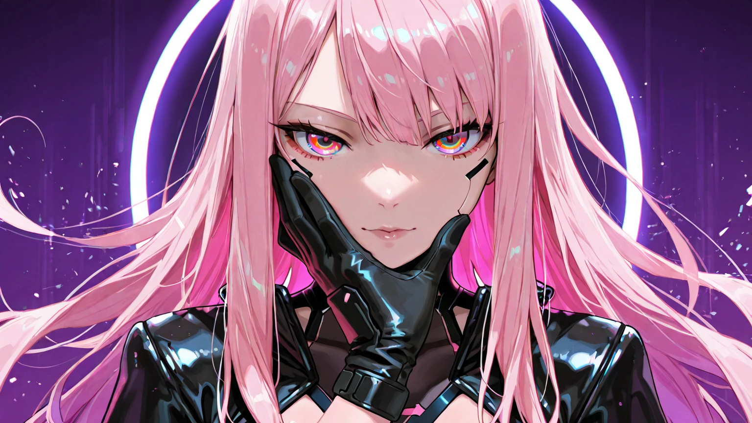 masterpiece, Highest quality, 8K,Pitch black background,（masterpiece，Side slits，Beautiful Eyes：1.2），（masterpiece*Sports Late），Sports Late，bust，（bust），real，Anatomically correct，3D Face，Shiny skin，（alone），Purple hair and dyed pickaxe，Gradient Hair，（Face close-up），Nice face，（Scarlet eyes like fire opals），Drooping eye corners，（（Skin with attention to detail，Pores are visible）），（Perfect body），beautiful girl，Small breasts，（（woman'Super Short Shawl Leather Jacket）），（（School_uniform）），（Neck Ring），Very short gloves，（rock），（Laser material clothing：1.2）,Blue Neon,night, Shining Eyes, Black light