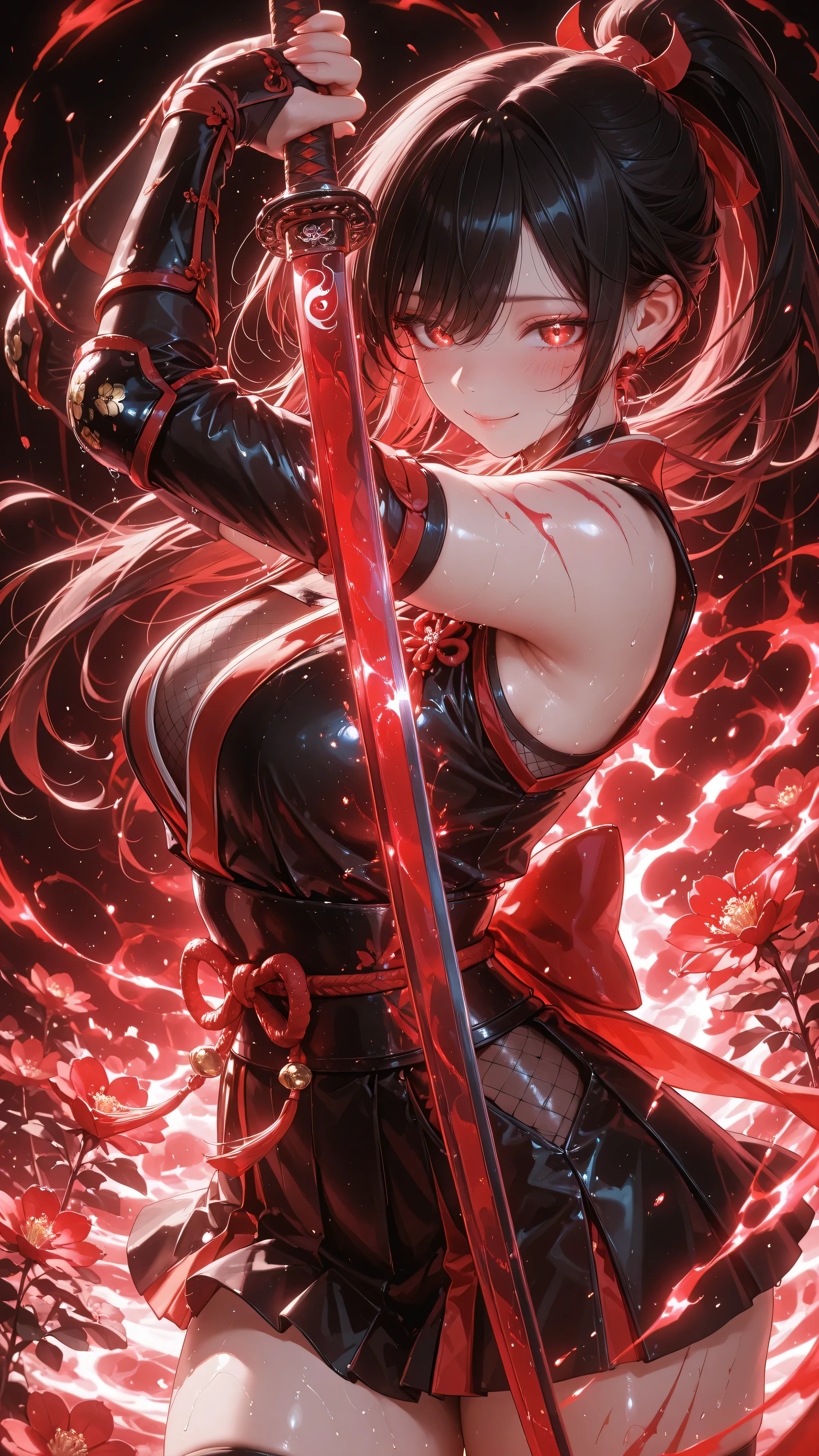 Realistic anime style girl , corpo inteiro , straight black hair tied in a ponytail , wearing a stylized ninja costume with miniskirt and red headband . She is surrounded by several red flowers , creating an intense aura . Scenario: Floresta , cinematic atmosphere , pele brilhante, slightly sweaty under the soft moonlight . , shy and charming expression with a faint smile , seductive and enchanting pose . subtle marks on the skin, adding realism , olhos grandes , detailed and expressive features . centered composition , Dramatic low-angle view , refined coloring , alto contraste , soft and diffused lighting , with ambient glow and magical effects . highly detailed anime style , intrincado , ultra sharp , arte digital 8K UHD , sombreamento suave , extremely aesthetic visual masterpiece .
