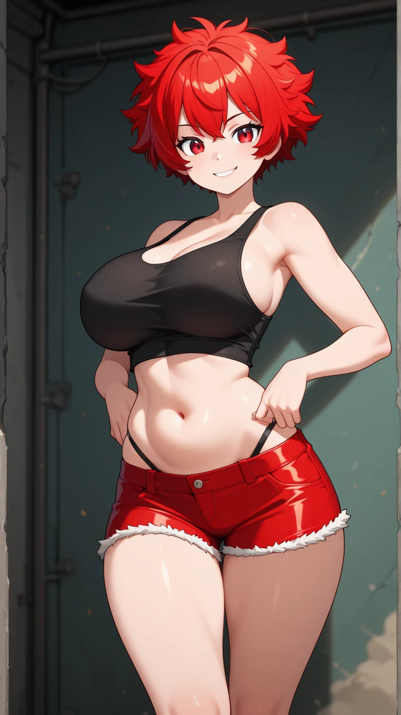 NTRman, masterpiece, best quality, 1girl, solo, mature female, short orange hair, curled bob haircut, middle parted hairstyle, blue eyes, healthy complexion, red lipstick, ????, tank top, raising arms, armpits, wide ????, slim waist, big , thick thighs