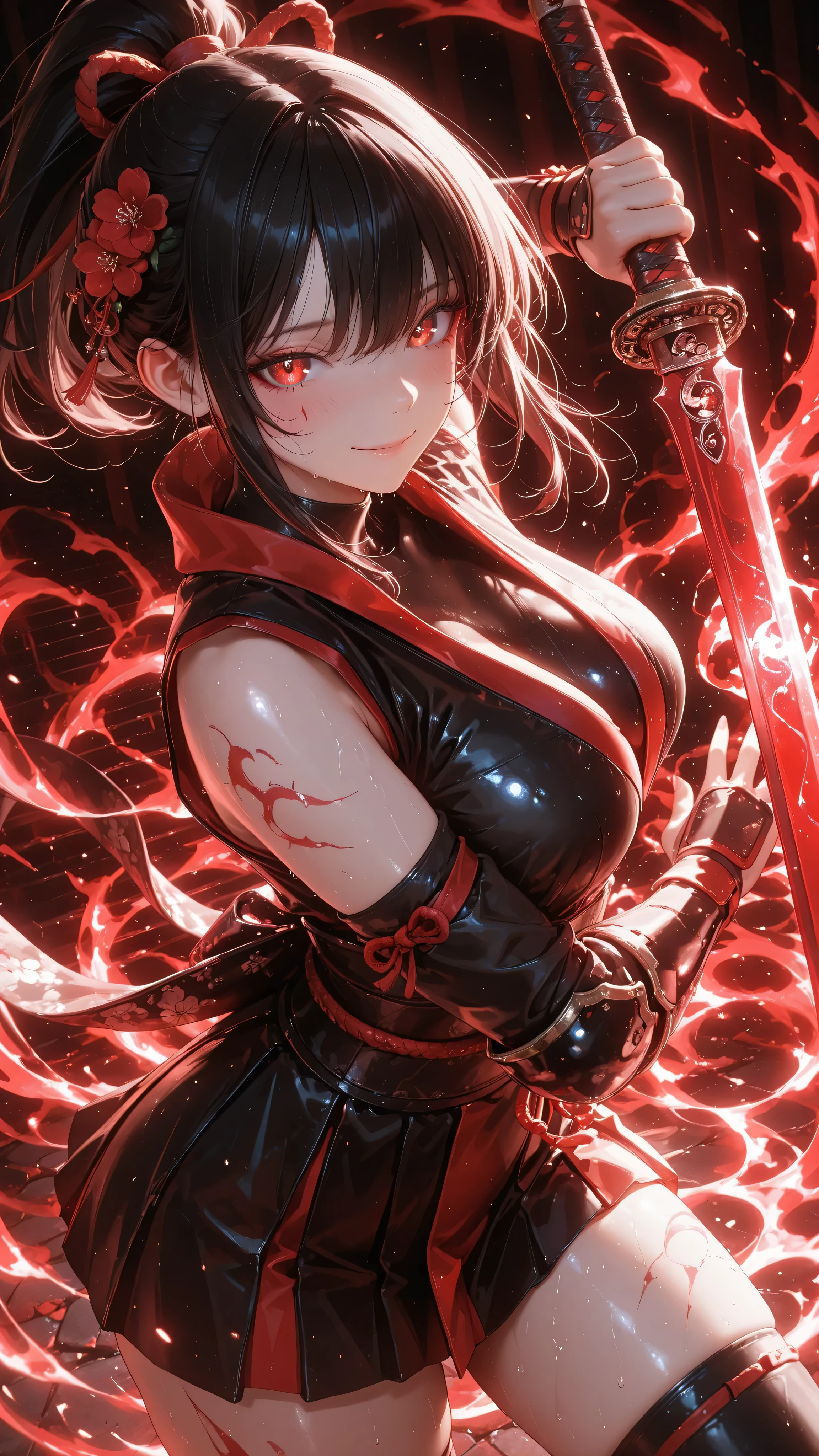 Realistic anime style girl , corpo inteiro , straight black hair tied in a ponytail , wearing a stylized ninja costume with miniskirt and red headband . She is surrounded by several red flowers , creating an intense aura . Scenario: Floresta , cinematic atmosphere , pele brilhante, slightly sweaty under the soft moonlight . , shy and charming expression with a faint smile , seductive and enchanting pose . subtle marks on the skin, adding realism , olhos grandes , detailed and expressive features . centered composition , Dramatic low-angle view , refined coloring , alto contraste , soft and diffused lighting , with ambient glow and magical effects . highly detailed anime style , intrincado , ultra sharp , arte digital 8K UHD , sombreamento suave , extremely aesthetic visual masterpiece .