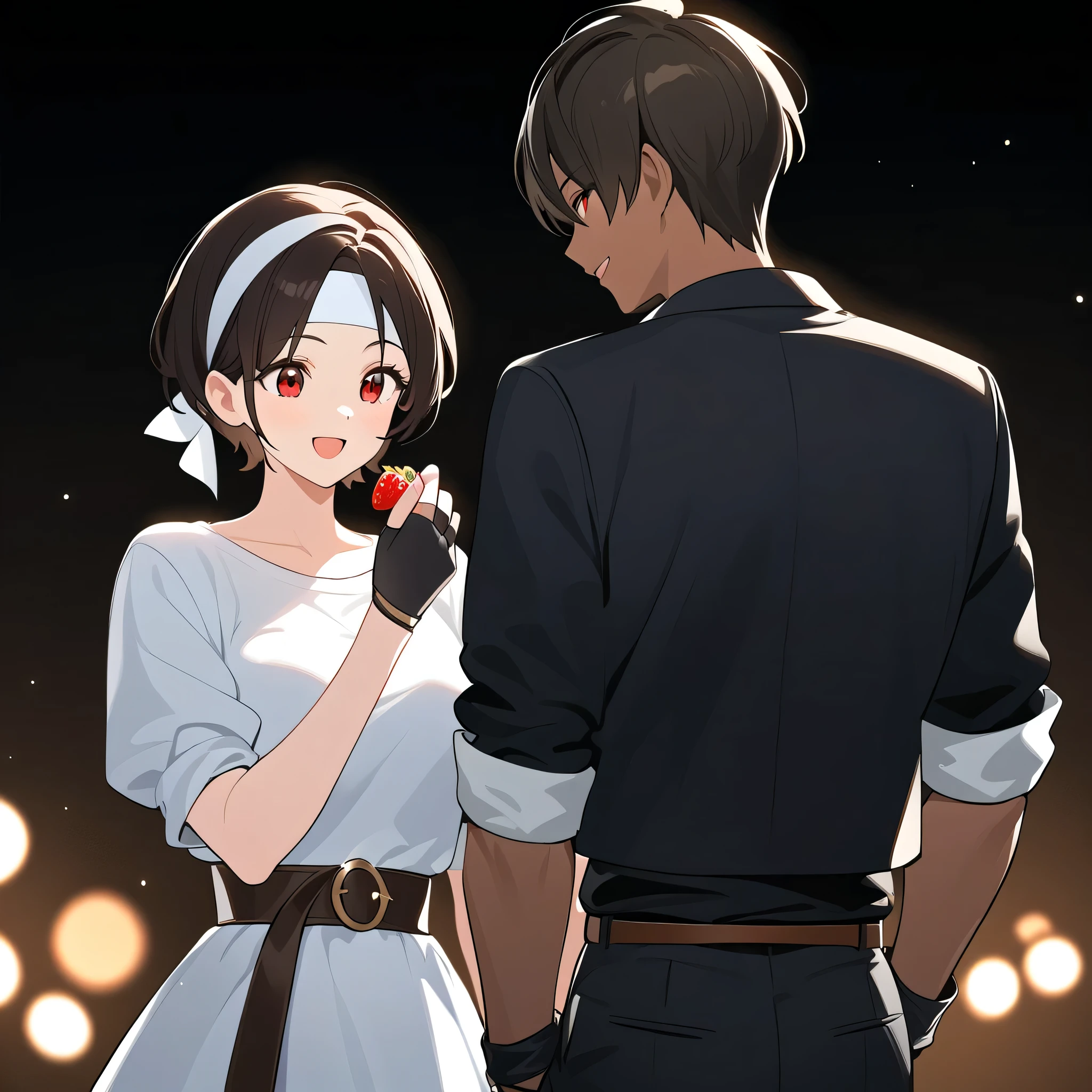 White Day, couple, man and woman, dark hair, short hair, brown skin, red eyes, chocolate, strawberries, sweet mood, melting chocolate, glamorous party venue, smiling, open mouth, she is wearing ((black jacket with rolled up sleeves)), open jacket, black fingerless gloves, white T-shirt, ((white headband)), black pants, white shoes, brown belt, cafe style, light colors, soft light, relaxed mood. Great quality, very beautiful, high resolution, depth of field, cute, blurry black background, masterpiece, absurd, volume lighting, light particles