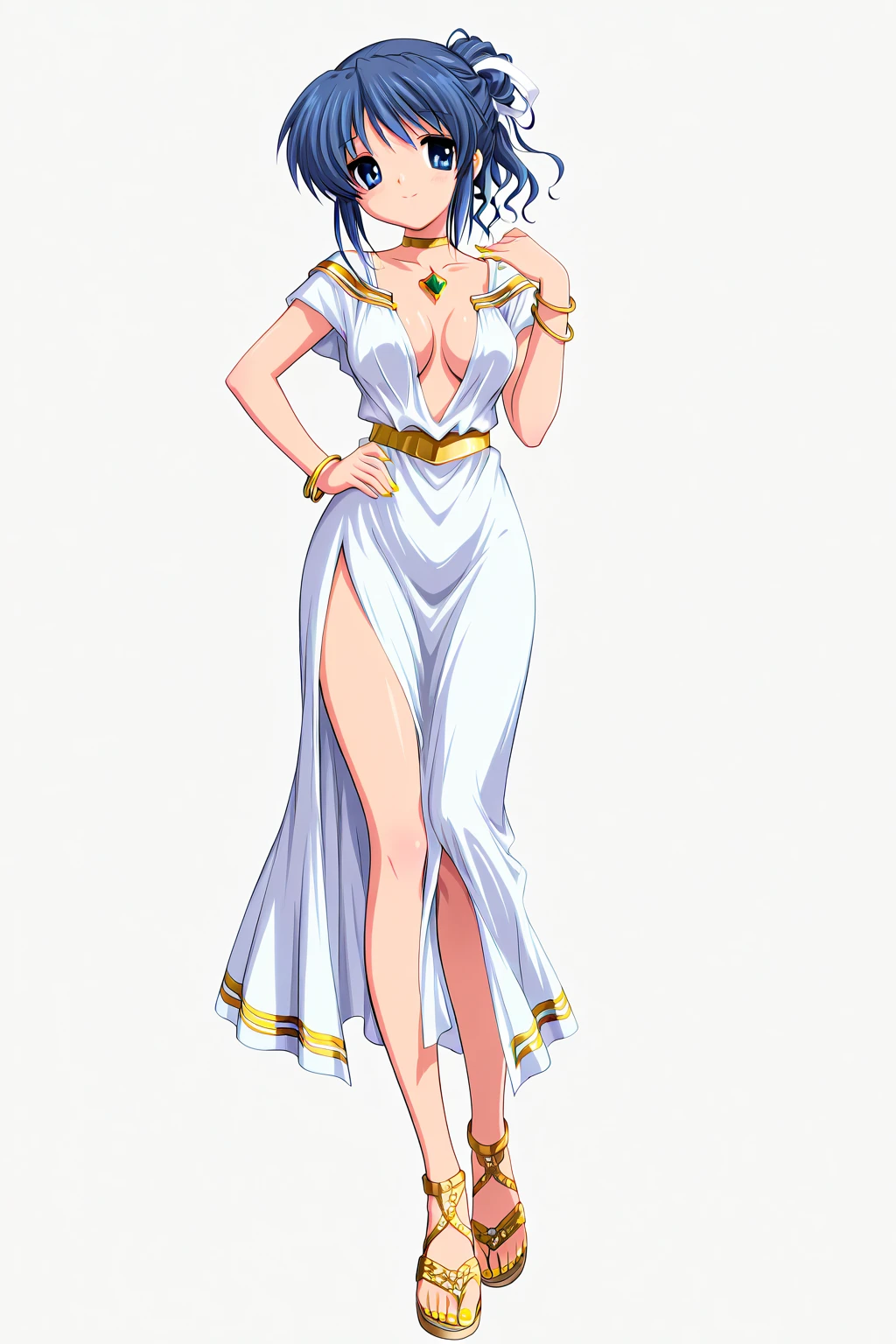 Simple white background,glitter,
barefoot,white dress,cleavage,collarbone, Navel, shoulders, Gold leaf on head, 
bracelet, earrings, jewelry, gem,Pearl, Green eyes gold necklace, Black hair,explosions,short hair hair, 
1girll, 20yo,young woman,Beautiful Finger,Beautiful long legs,Beautiful body,
Beautiful Nose,Beautiful character design, perfect eyes, perfect face,expressive eyes,Perfect balance,
looking at the scenes,(Focus on her face.),closed mouth, (innocent_Large_Eyes:1.0),(light_smile:0.3),
formal art,Highly detailed CG module 8K rear, perfect illumination,Colored, bright_front_face_lighting,white-skinned,
(巨作:1.0),(best_quality:1.0), very high resolution,4k,A highly detailed,
photography, 8k, hdr, highres, absurdres:1.2, Kodak portra 400, grain du film, blurry background, bokeh:1.2, lens flare, (vibrant_color:1.2),professional photo,
(A beautiful,Large_:1.4), (A beautiful_face:1.5),(narrow_waist), standing  smile closed mouth lipstick green lips high heels big  crossed arms, muscular, cuffs, tattoo, ring crown earrings