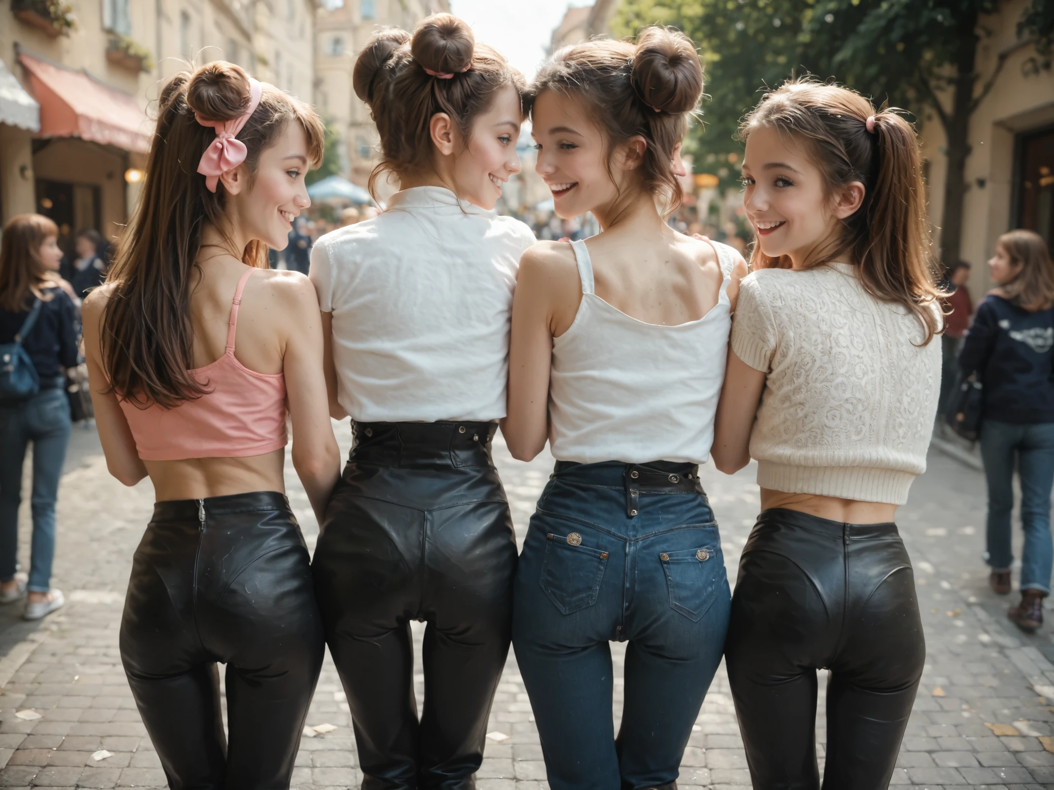 several women, ,(leather pants), ((3 young women Lolitas))) , happy, flakisoma , little waist, small buttocks, brown hair with two pigtails, back view, Arched, blusa rosa