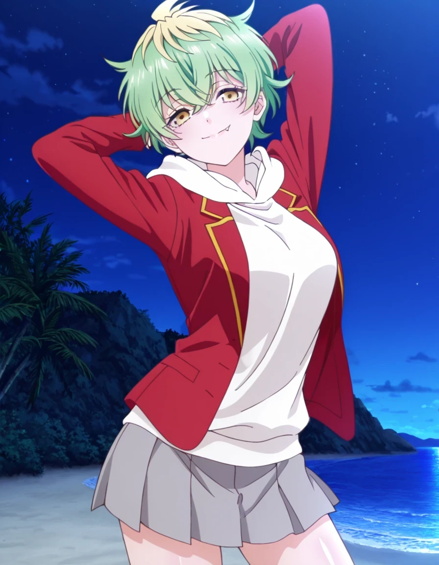 EBMiwa,1girl, , solo, smile, short hair, green hair, blonde hair, yellow eyes, multicolored hair, two-tone hair, streaked hair, fang, ,long sleeves, school uniform, open jacket, hoodie, hood down, blazer, red jacket, white hoodie, white hood, grey skirt, miniskirt, pleated skirt, anime screencap, high quality, solo, shiny skin, night sky, beach, arms behind head, (contrapposto), closed mouth, smile, cowboy shot, looking at viewer, best quality