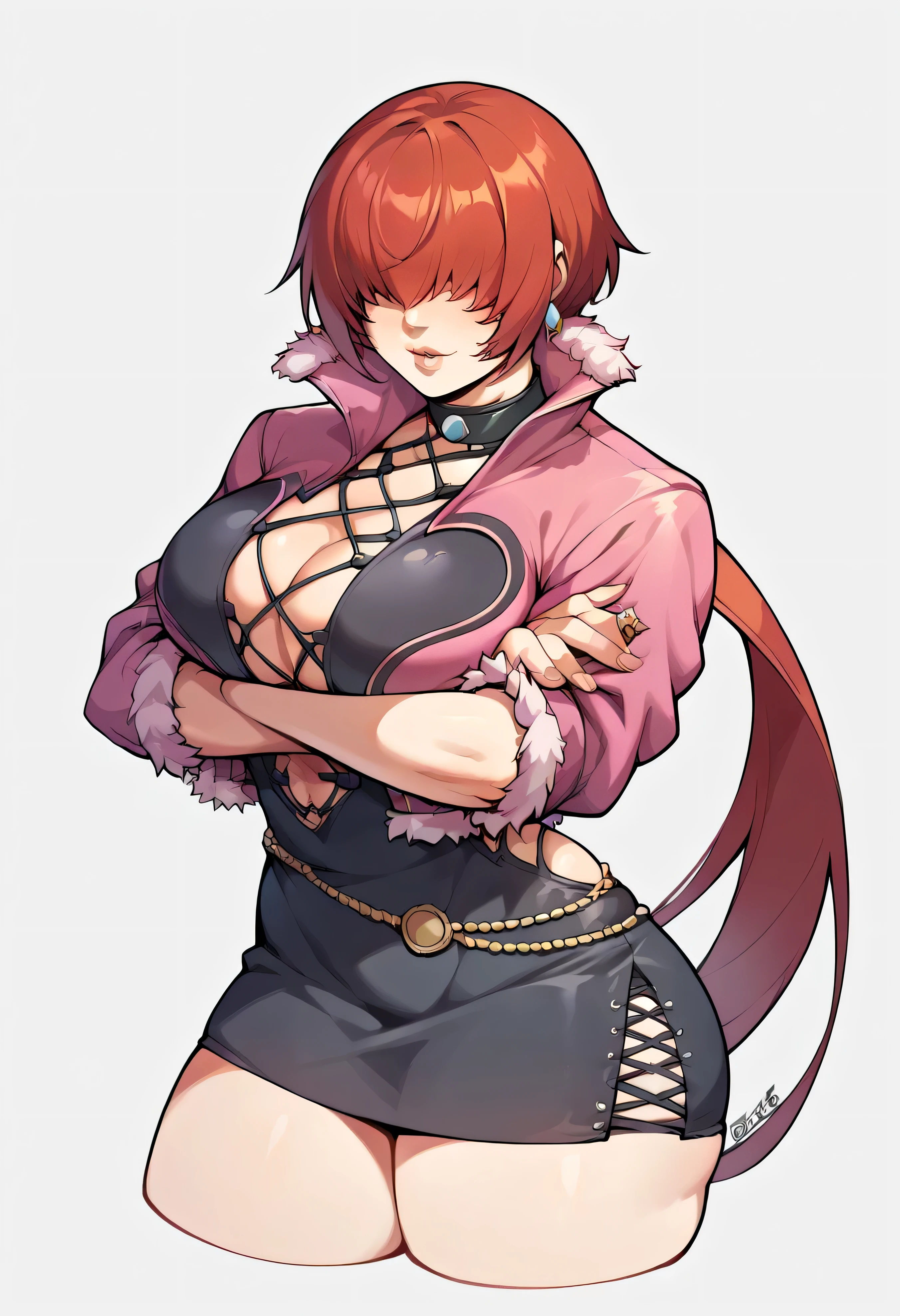 (score_9,score_8_up, score_7_up, attractive face on back, Seductive Expression), ShermieSDXL,1girl,solo,long hair at Boro-Yado,BIG BREASTS,dress,Disconnect,gem,jacket,ponytail,thighs,red hair,earrings,choker,black dress,lips,fur trim,CLOTHING CUT OUT,short dress,Disconnect cutout,lipstick,cropped jacket,Hair above the eyes,pink jacket,split ponytail, Source_anime, thunder magic
,hair over eyes",1girl,solo,