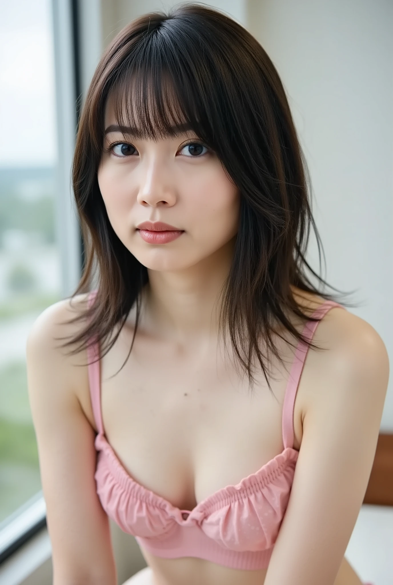 live-action、shot with a Canon EOS R5, 50mm lens, f/2.8 apertur、(masterpiece,best quality:1.4)、Highest Quality、ultra high res、8K、bright room、chair in the building on the edge、Emphasize the cleavage,(leaning forward:1.3), (hands on knees:1.3)、front view、Full body photo、sitting in a chair、Basic bra、pleated trim、rose print、(poses that accentuate cleavage:1.5)、Smile Yan、black haired 、straight semi-long、shiny hair、have bangs、(slender style:1.3)、(huge breasts:1.5)、a different color bra every time I take a picture、zettai ryouiki、tight skirt、midi skirt