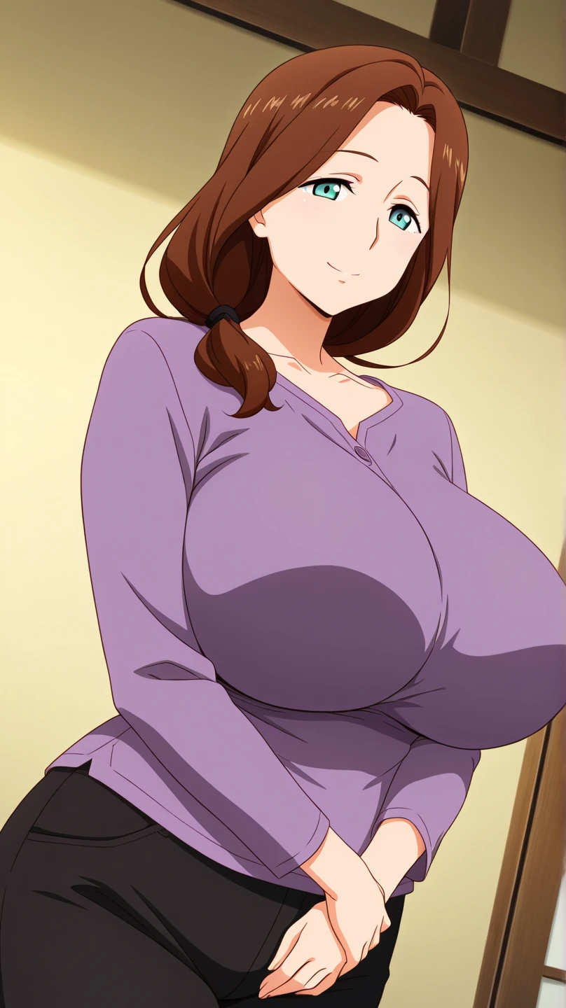masterpiece, best quality, matsumoto rangiku, beautiful lighting, long hair, turtleneck, crop top, pencil skirt, (underboob : 1.4), necklace, , standing, looking at viewer, blue eyes, smile, japanese architecture, cowboy shot, shiny skin, , curvy, seductive smile,  shoulders, elbow gloves