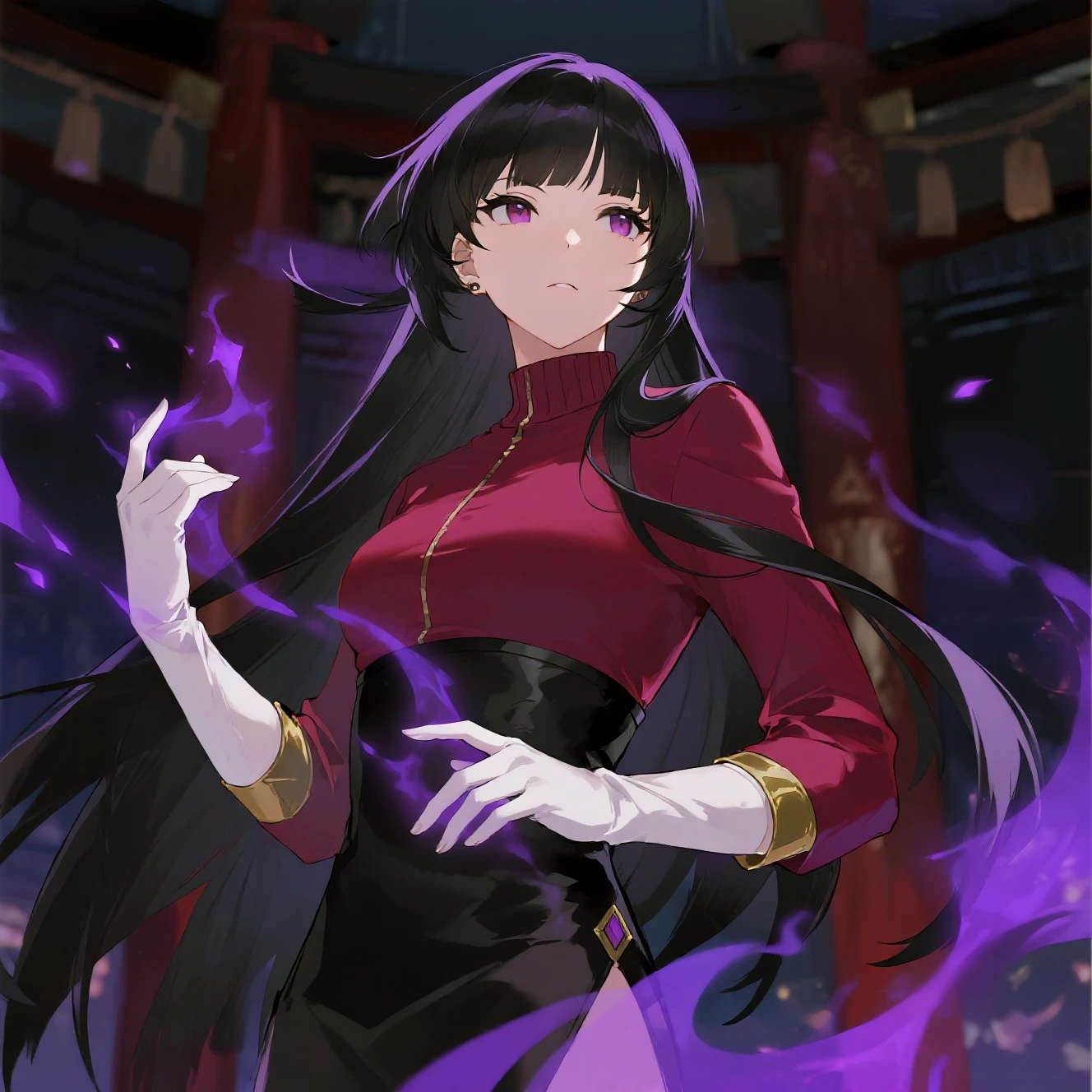 Tall long haired woman with black cape and red skirt clothes 
