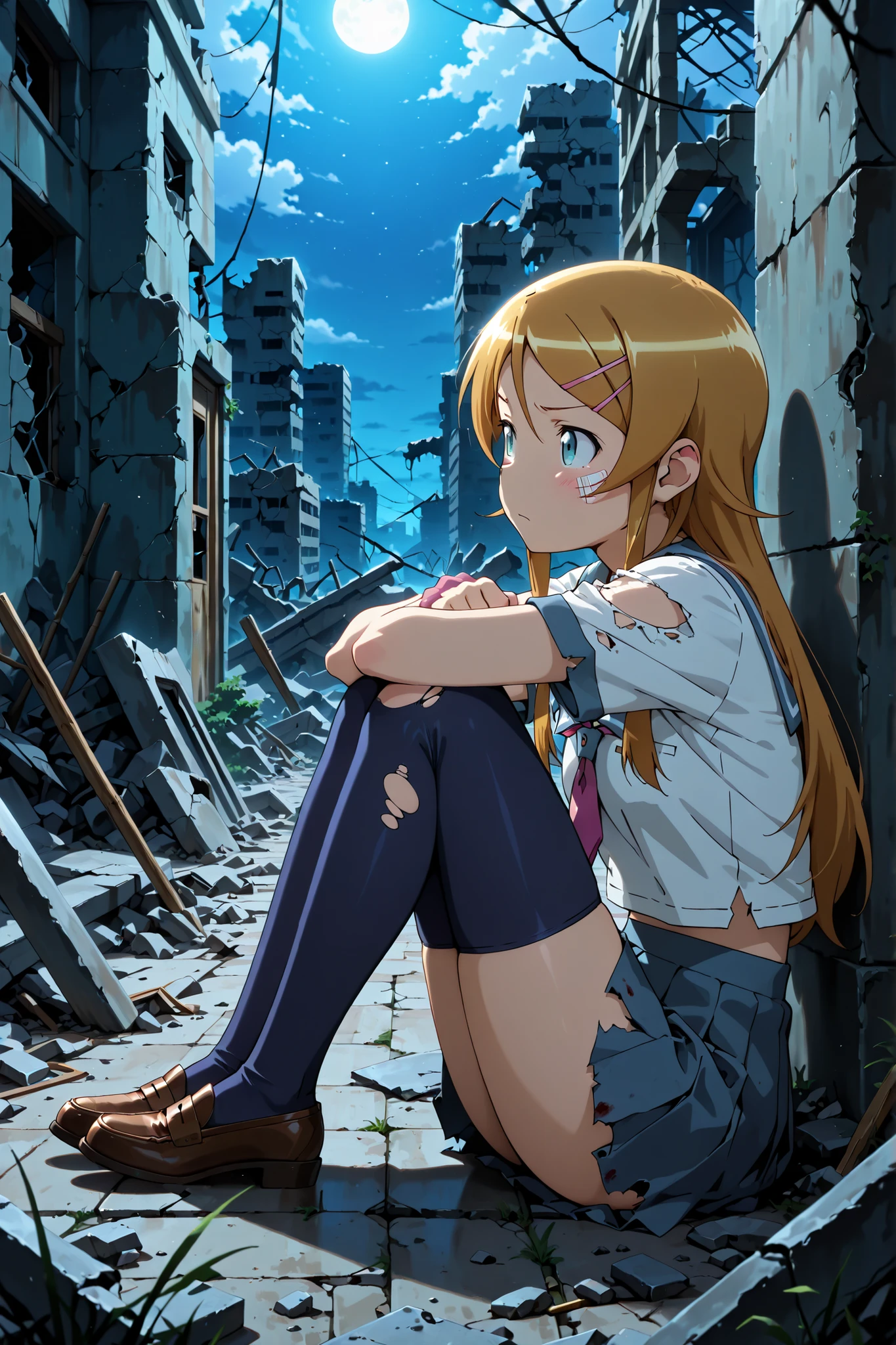 masterpiece, best quality, amazing quality, very aesthetic, absurdres, (anime screen shot:0.95) from side, 1girl, kousaka kirino, torn school uniform, zettai ryoiki, sitting knees up, confused face, ruins, moonlight,