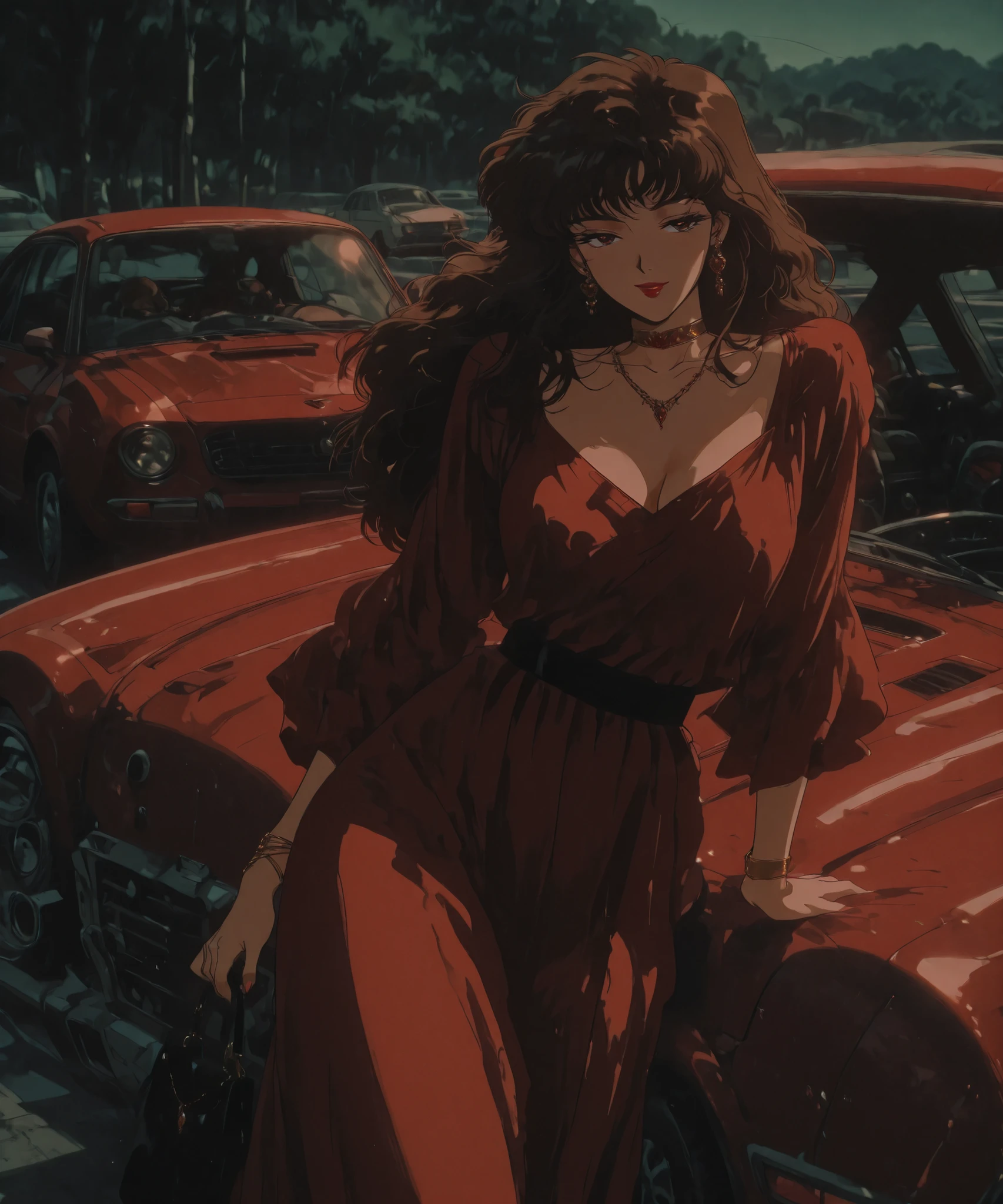 obra-prima,best image quality, Stunning image quality,1 garota, only,, long brown hair, Split red dress, car, carro motorizado, Seductive and seductive look from the 90s _desenho animado_aesthetics, 19Seductive and seductive look from the 90s (estilo), retro, retro artestilo, fundo da cidade ,high resolution,