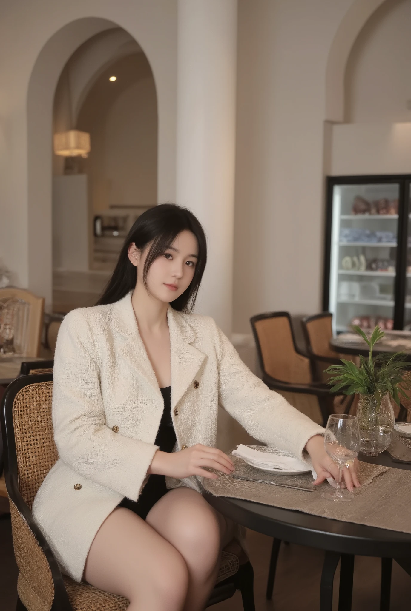 A stylish young woman sitting elegantly in a luxurious modern restaurant with high white arches and tall pillars. She has long straight black hair flowing naturally, looking down with a calm and graceful expression. ((She wears a chic ivory white tweed jacket with gold buttons and black decorative pocket details, layered over a black inner outfit with short bottoms)). She sits on a rattan chair with black frame and cushioned seat, one hand resting gracefully on the table holding a clear glass of water, the other relaxed. Her fingers are adorned with a delicate ring, nails polished naturally. ((On the black round dining table are a placemat, neatly arranged plate, fork, knife, napkin, and a small vase with fresh green plant)). The background shows an elegant dining space with soft warm lighting, neatly arranged tables, and a glass refrigerator displaying premium cuts of meat. The atmosphere is luxurious, refined, and sophisticated. ((Medium shot, slightly angled view, natural soft lighting with warm tones, fashion photography style with focus on elegance and atmosphere, highly detailed textured, high resolution)).