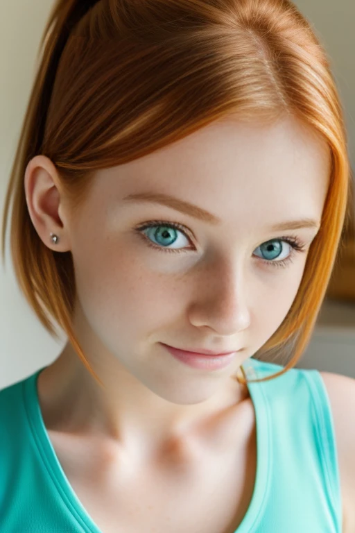 ultra realistic image, a ginger  teenager girl, cute face, green eyes, with a little freckles, doing yoga, a top, focus on his groint.