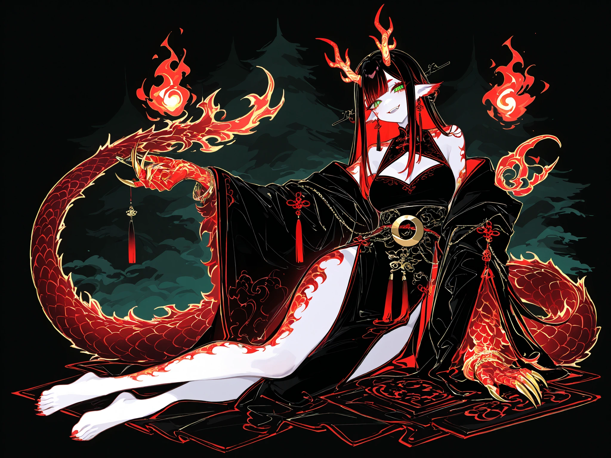 (xxx667_illu,dragon_hybrid,) Girl is golden-red dragon Lúng ,she is hybrid of Eastern dragon. She has a sporty feminine bodybuilding. Her face has asian features. She has green jade narrow eyes. She has a pale skin covered with golden-red scales. Her scaly dragon paws has long golden crescent-shaped claws. She has gold fire tattoos on her face. Her lips red, she has a gold sharp fangs. She has eyebrows with long tassels. She has jet-black straight hair with red highlights, high traditional Chinese hairstyle. She has four golden branched dragon horns. She has long pointy red fluffy dragon ears. She has a immensely long mighty scaly red dragon tail with black mane along the spine and black fluffy tassel on tip of her tail. She's wearing a black Chinese traditional robe-dress. She she's barefoot. (On the background: Chinese temple in the middle
of coniferous forest high in the mountains.)