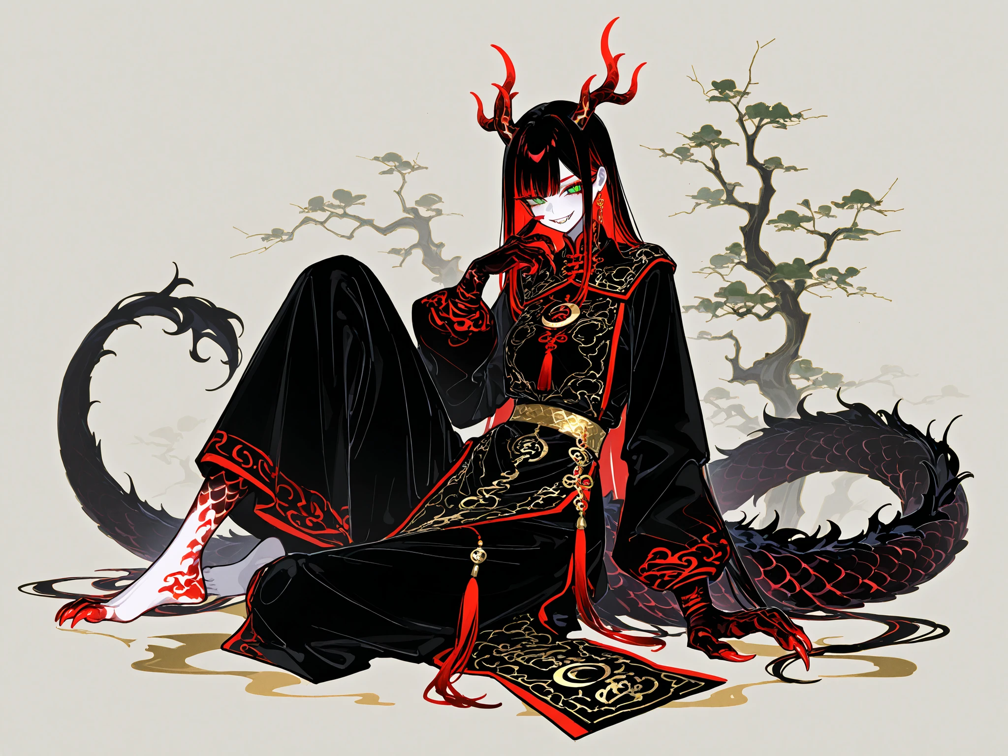 (xxx667_illu,dragon_hybrid,) Girl is golden-red dragon Lúng ,she is hybrid of Eastern dragon. She has a sporty feminine bodybuilding. Her face has asian features. She has green jade narrow eyes. She has a pale skin covered with golden-red scales. Her scaly dragon paws has long golden crescent-shaped claws. She has gold fire tattoos on her face.  Her lips red, she has a gold sharp fangs. She has eyebrows with long tassels. She has jet-black straight hair with red highlights, high traditional Chinese hairstyle.  She has four golden branched dragon horns. She has long pointy red fluffy dragon ears. She has a  immensely long mighty scaly  red dragon tail with black mane along the spine and black fluffy tassel on tip of her tail.  She's wearing a black Chinese traditional robe-dress. She she's barefoot. (On the background: Chinese temple in the middle 
of coniferous forest high in the mountains.)