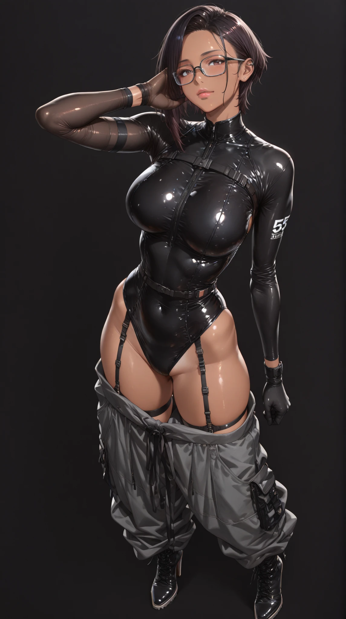 1 Girl donghua, Best quality, Ultra Detail, 8K, Ultra high realistic, Detailed face, Full body, standing, Ultra high realistic, Detailed face, (Blushing:1.3), Wet skin, Latex bra, Latex hot skirt, ?????? face, beautiful ???????, body details, Oil skin, big thighs