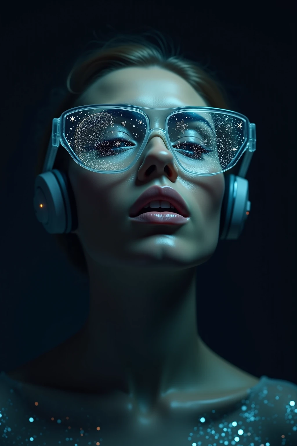 The model is wearing glass sunglasses，with stars and moon on the lenses