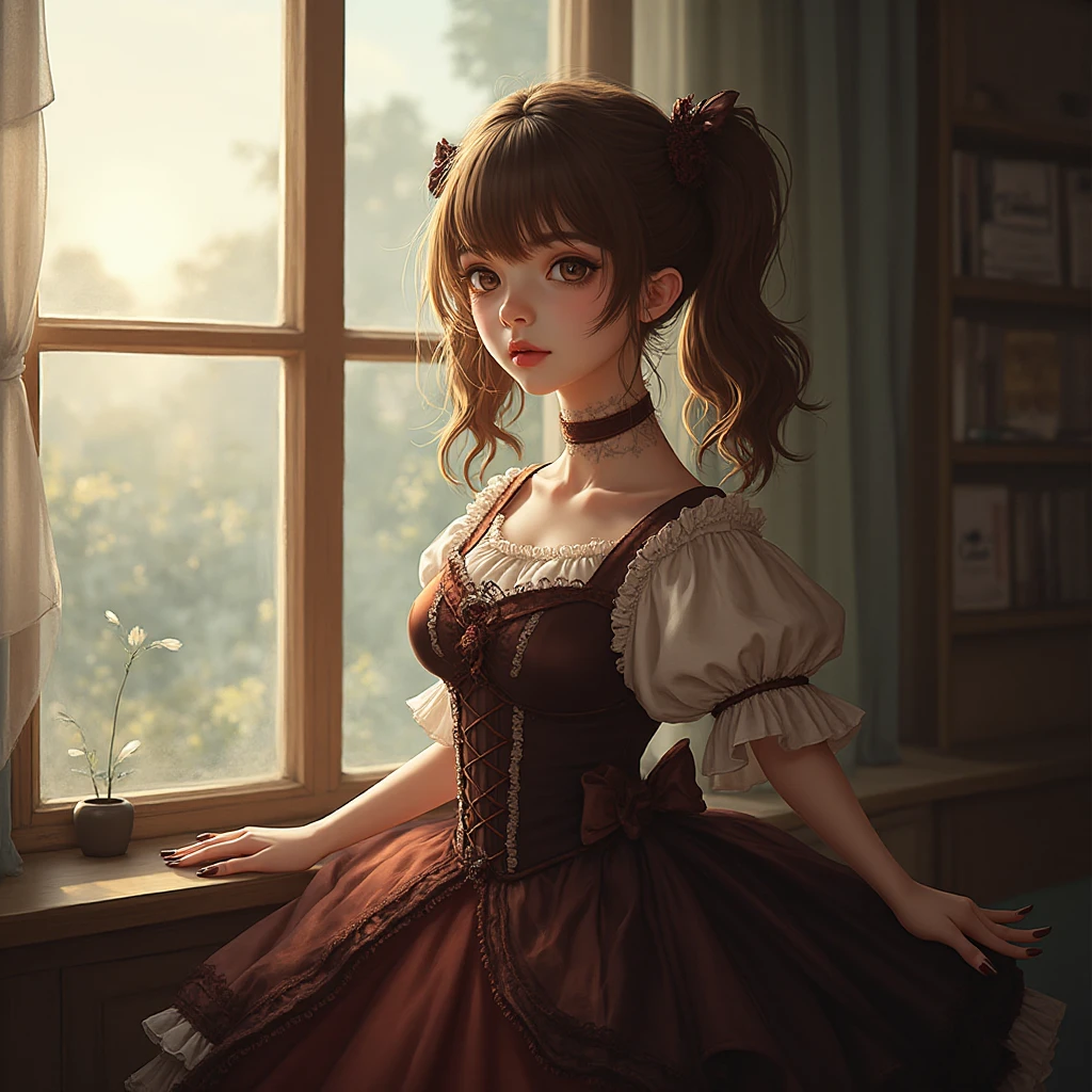 ((Лучшее качество)), ((шедевр)), (подробный), girl  dance  happy  red_lips  adult  black_hair  side_braid_ponytail_hairstyle  eye_patch  brown_skin_corset  dress  skin_jackboots  port tavern
