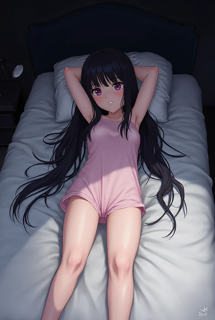 Little girl, asian, 12 years old., Long black hair, bangs, Pale white skin, Wear a white towel.. , sleeping ????? ,Her body had white fluid smeared all over her body...., master-piece., bestquality, Realistic, 1girls,  (10, bestquality), Sleep unconscious....., Closed eyes, Full body, There are a lot of used condoms around....