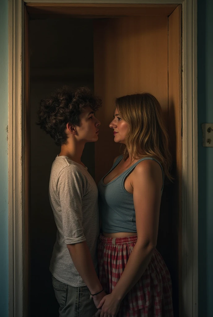 Deux personnes dans le cadre, a 16 year old son and his 40 year old mother. une mère qui aide son fils a attacher dans le dos  son bustier pushup a balconnets dans la chambre. 