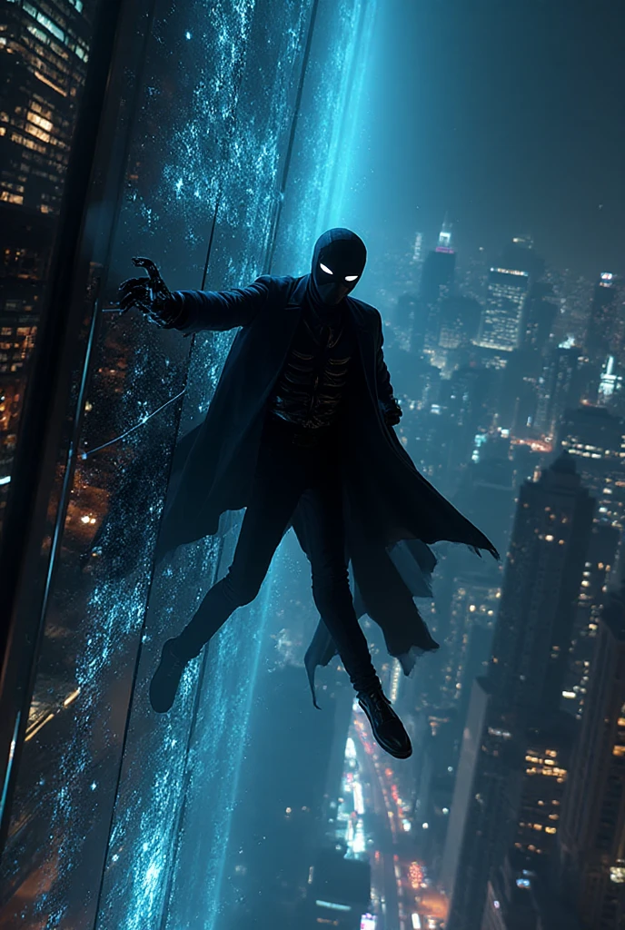 (masterpiece:1.2, exceptional quality, Cinematic Experience, best illustrations:1.5, Ultra definition 1.5), 16k, Wallpaper, Dark Fantasy, Monstrous Gentleman, Night view of a futuristic city with towering skyscrapers。It's like dancing、A gentleman phantom thief wearing a stylish black suit and mask that makes full use of technology glides gracefully down the glass wall of a building where holographic advertisements sparkle {x}。A wire of light extends from your fingertips、It's like dancing,
