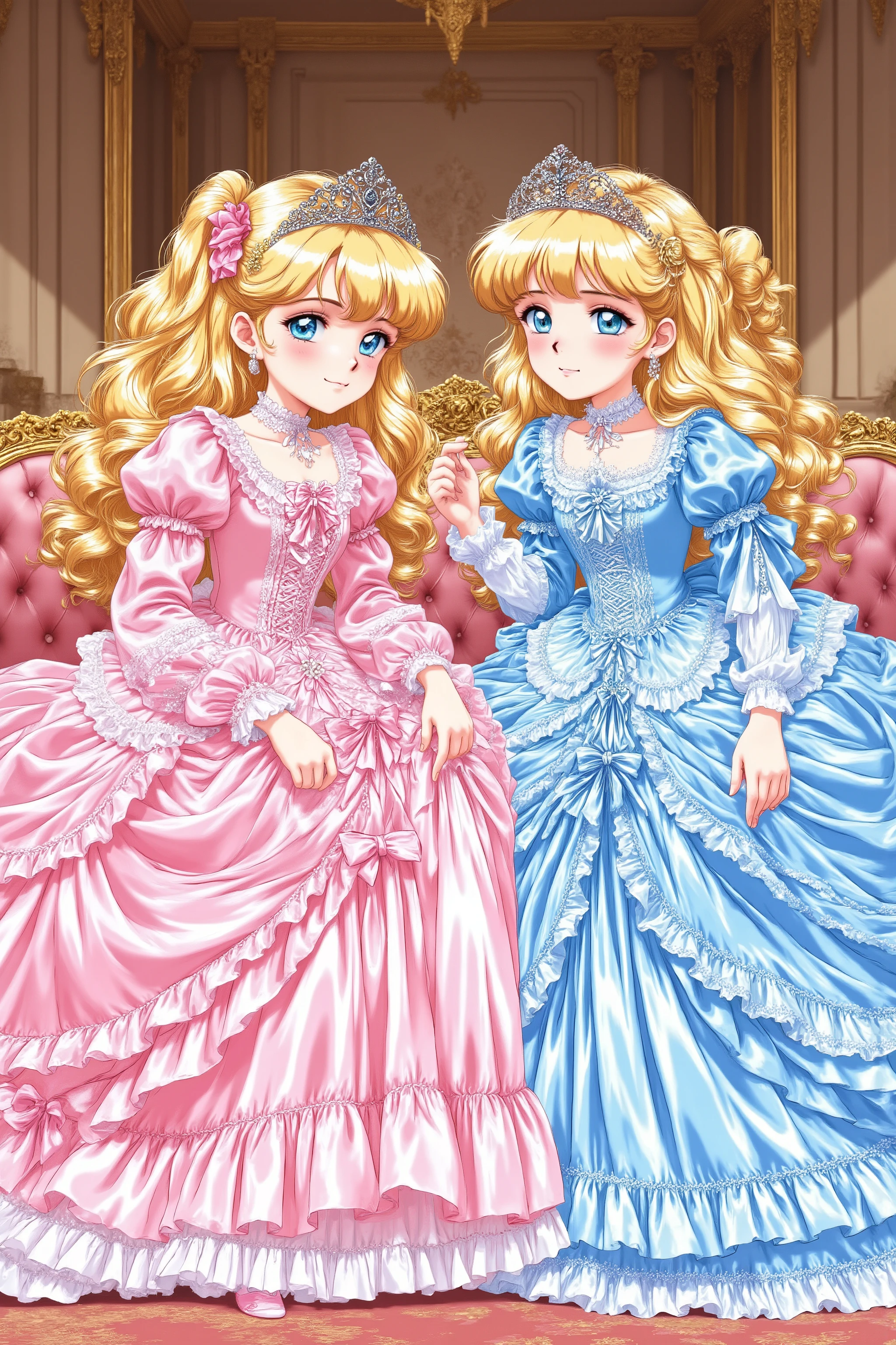 masterpiece, very beautiful, (Anime Coloring, Anime Screenshot), OFFICIAL ART, Illustration, 1990's Anime Style,
1girl, masterpiece, Highest Quality, absurd, OFFICIAL ART, Official Style, Cute Princess, she's smiling,((pink silk satin victorian style large ball gown dress.:1.0)),short,long sleeve,The dress is decorated with lots of ruffles and bows., have waist-length blonde wavy long hair,they wear princess tiaras on their heads,In a gorgeous European rococo palace,