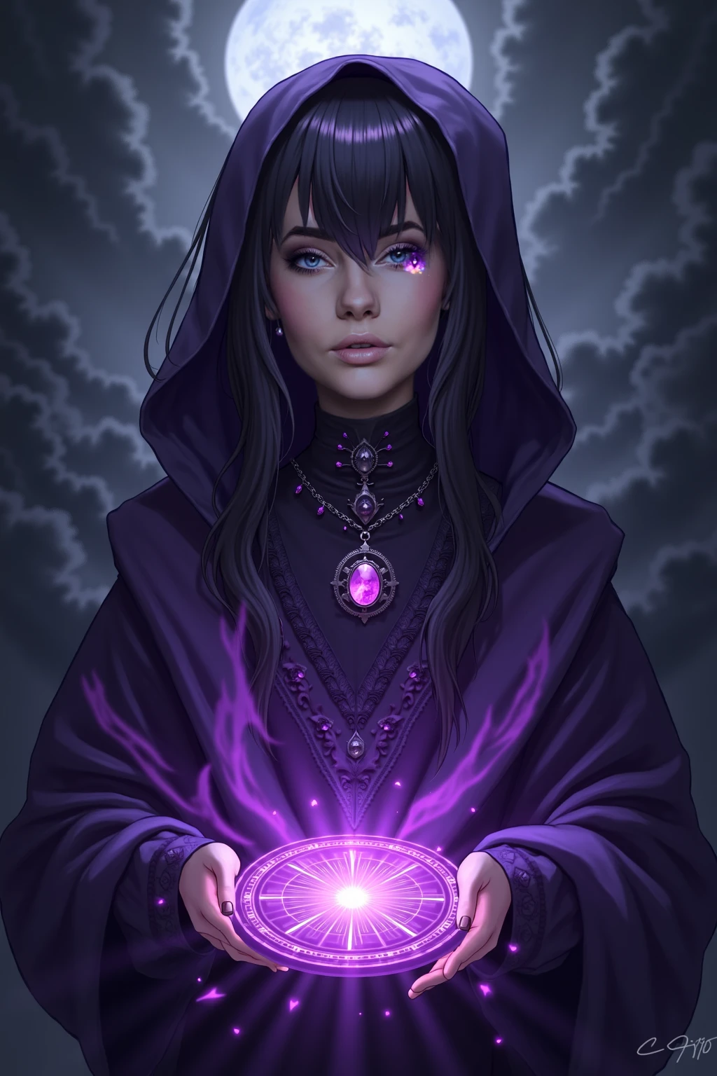Poster inviting fortune telling using tarot cards in a triangular tent. Beautiful young fortune teller under a black robe The face is painted in lines running from cheek to nose. colored spots above the eyebrows bohemian style Mysterious atmosphere Mostly purple Leave 1/3 of the top space for text. 
Fine Arts: Destiny