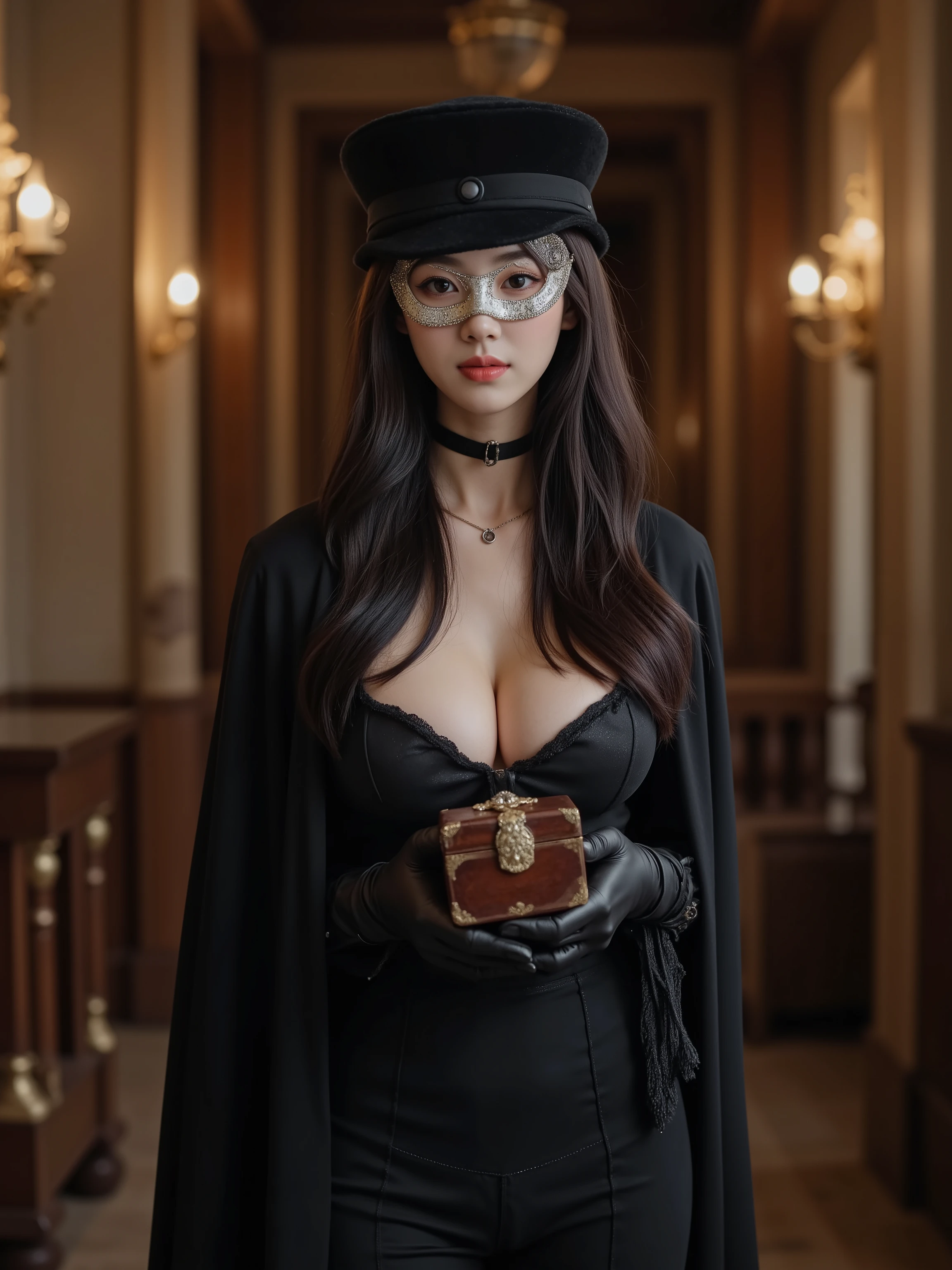 Masked ball,Huge Breast,Silk hat and black cloak、A beautiful woman in a black suit, black leather gloves、Flowing black hair、A beautiful woman wearing a silver mask、holding a jewelry box in a luxurious Western-style room。4K Masterpieces,Super detailed,PHOTOGRAPHY REALISTIC,HDR,vivid colors,Bokeh,fantasy,portrait,Renaissance,classic,Gothic,high end,High Quality,dramatic lighting