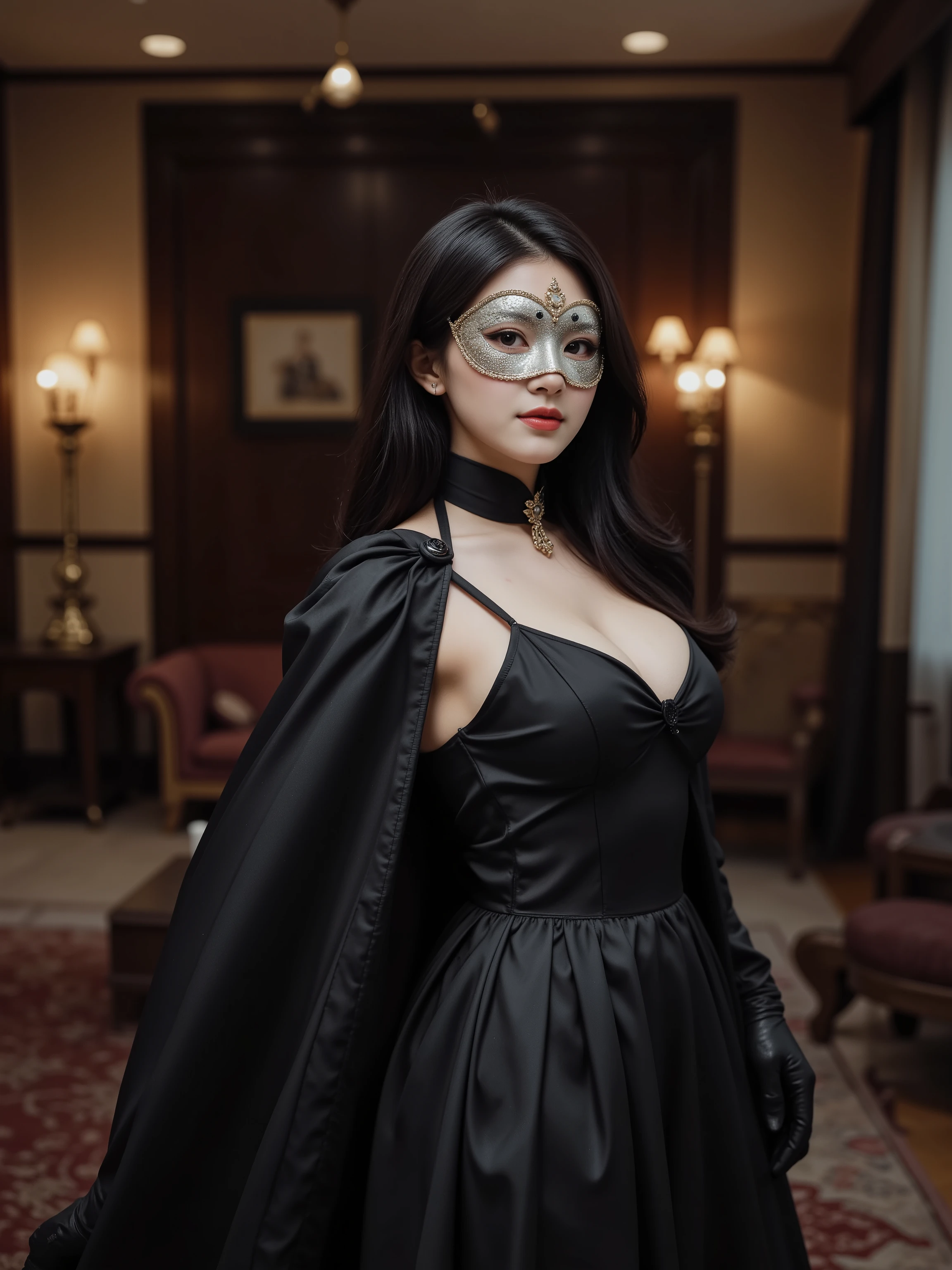 Masked ball,Huge Breast,Silk hat and black cloak、A beautiful woman in a black suit, black leather gloves、A beautiful woman with flowing black hair and a silver mask is standing and smiling、holding a jewelry box in a luxurious Western-style room。4K Masterpieces,Super detailed,PHOTOGRAPHY REALISTIC,HDR,vivid colors,Bokeh,fantasy,portrait,Renaissance,classic,Gothic,high end,High Quality,dramatic lighting