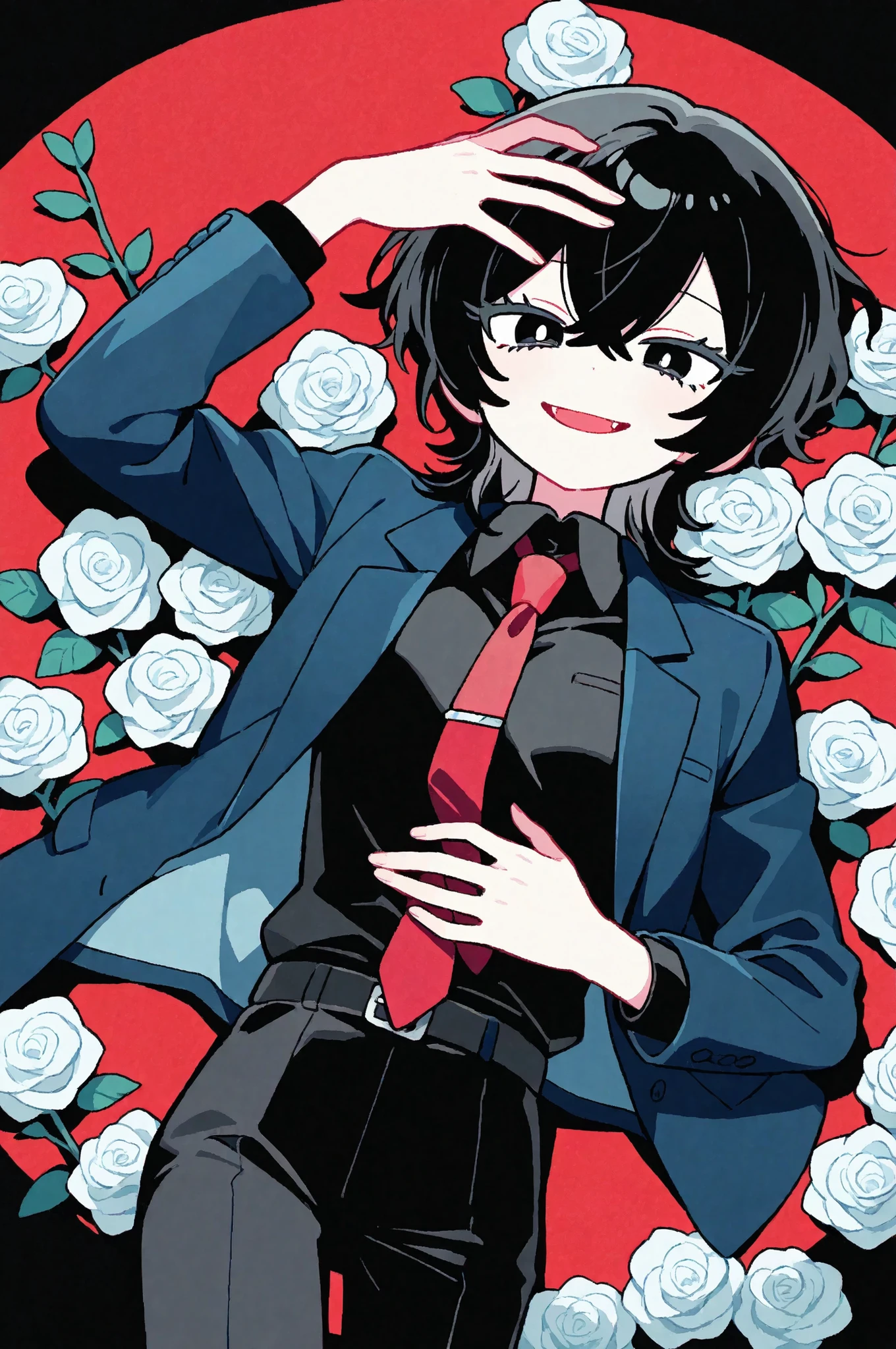 high quality masterpiece Detailed Explanation 1 girl (Androgynous girl) voluminous lashes feminine pink clip cute Accurate Hand Depiction (black eyes, black hair, wolf cut hair, A soft mellow blue jacket, calming yet striking, slim jacket, open jacket, black tapered pants, black shirt, red tie,) (simple monochromatic background rouge red background) handfixer soft smiling expression lying pose see here One white rose