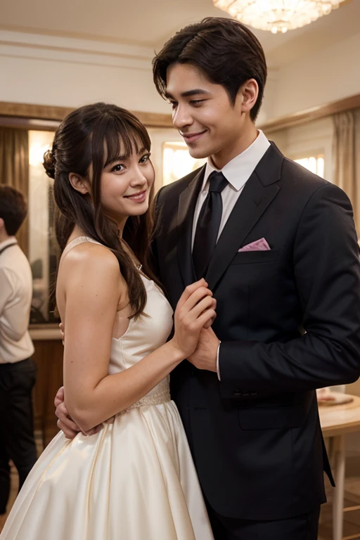 Handsome groom holding hands and looking at his beautiful bride passionately
