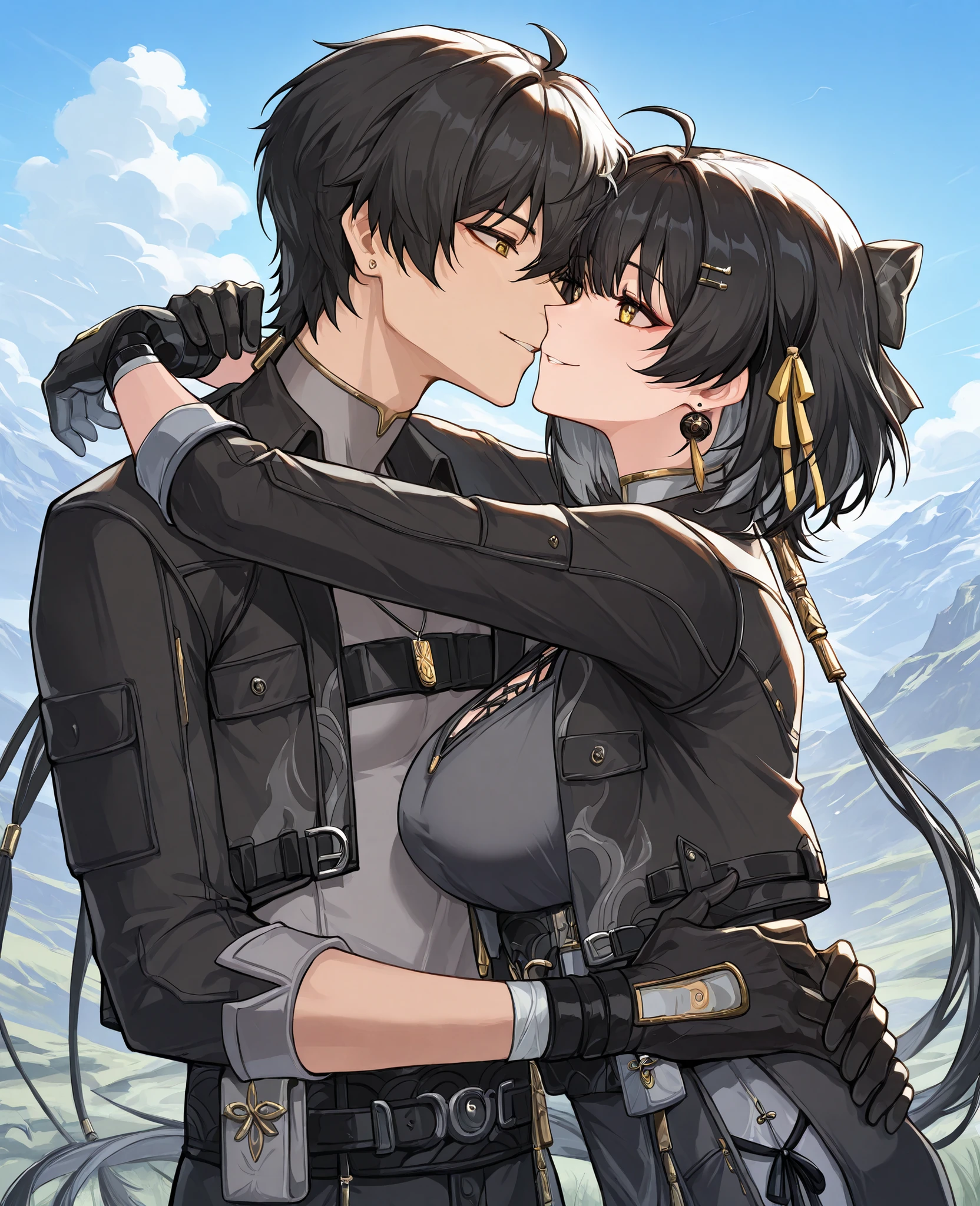 , masterpiece, best quality, 1 girl and 1 man, Standing on the left side, black_hair, , yellow_eyes, hair_ornament, large_breasts, long_hair, hairclip, jewelry, earrings, ribbon, short_hair, ahoge, , multicolored_hair, very_long_hair, brown_eyes, parted_lips, hair_ribbon, Standing on the right  side, mlwuter, yellow eyes, black hair, bangs, hair between eyes, long hair, low ponytail, ring hair extensions, jewerly, earrings,necklace, shirt, grey shirt, jacket, black jacket, open jacket, , cropped jacket, gloves, black gloves, outdoor, sky, day, hugs , kiss,face to face,smiling