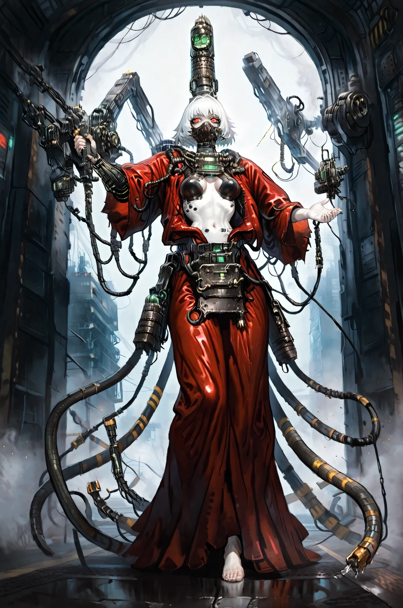 masterpiece, best quality, amazing quality, very aesthetic, high resolution, newest, hyper-detailed, solo, female character, mature woman, pale skin, short hair, withe hair,tall female figure, small breasts, thin waist, cybernetic augments, mechanic arms, electronic tentacles, wearing a red robe, barefoot, full body, fan art, clocktower background