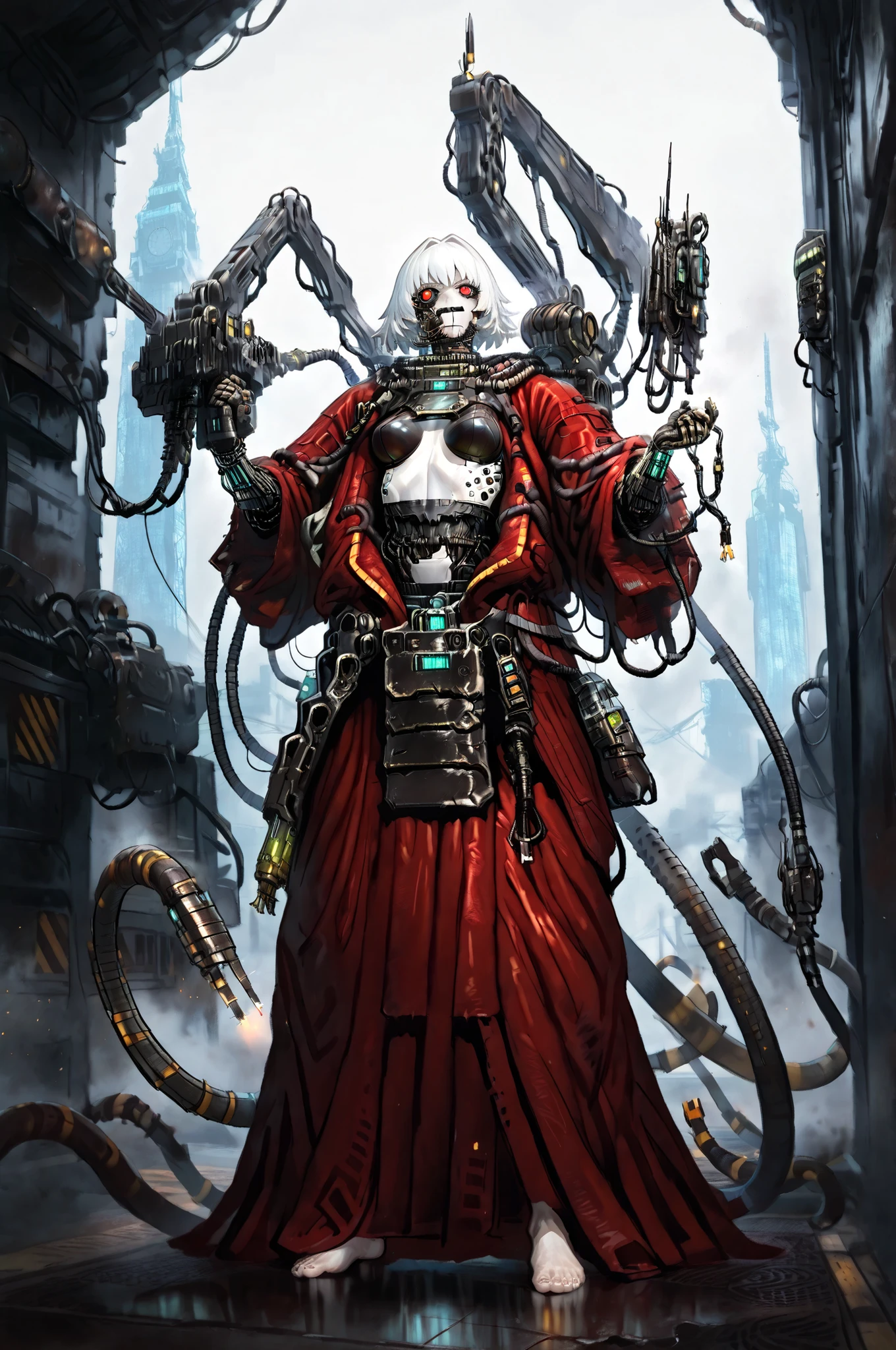 masterpiece, best quality, amazing quality, very aesthetic, high resolution, newest, hyper-detailed, solo, female character, mature woman, pale skin, short hair, withe hair,tall female figure, small breasts, thin waist, cybernetic augments, mechanic arms, electronic tentacles, wearing a red robe, barefoot, full body, fan art, clocktower background