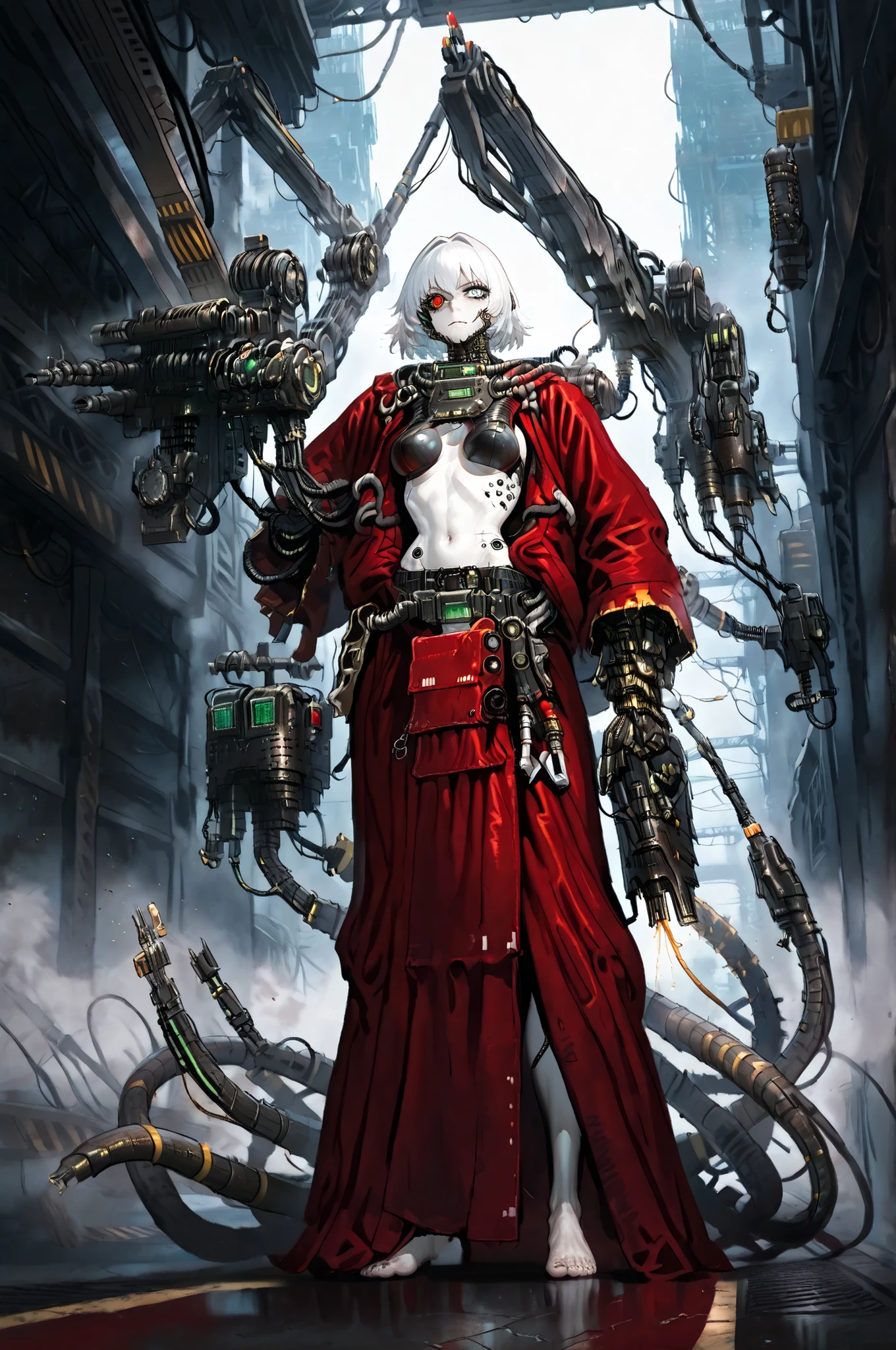 masterpiece, best quality, amazing quality, very aesthetic, high resolution, newest, hyper-detailed, solo, female character, mature woman, pale skin, short hair, withe hair,tall female figure, small breasts, thin waist, cybernetic augments, mechanic arms, electronic tentacles, wearing a red robe, barefoot, full body, fan art, clocktower background