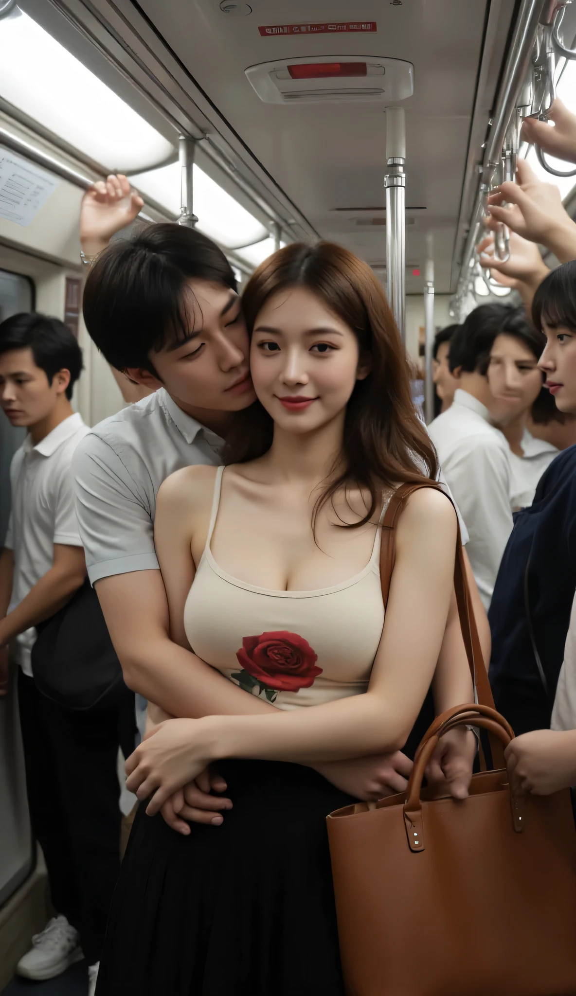 The crowded atmosphere of a Japanese subway car, passengers standing side by side simultaneously while holding the hanger handle above. Among the standing passengers, there is a beautiful Japanese woman in her 30s, dressed sensually like a model, wearing a cream-colored tank top with a rose motif, a F40 bust, and long, wavy hair. She carries a brown leather tote bag. Her body is in the middle of the male passengers standing side by side, pressed together. The man presses his body against the woman's body while embracing her. The woman's expression is a sweet smile. All the passengers look tired from the long journey. Candid camera, medium close-up shooting, realistic, 4K.