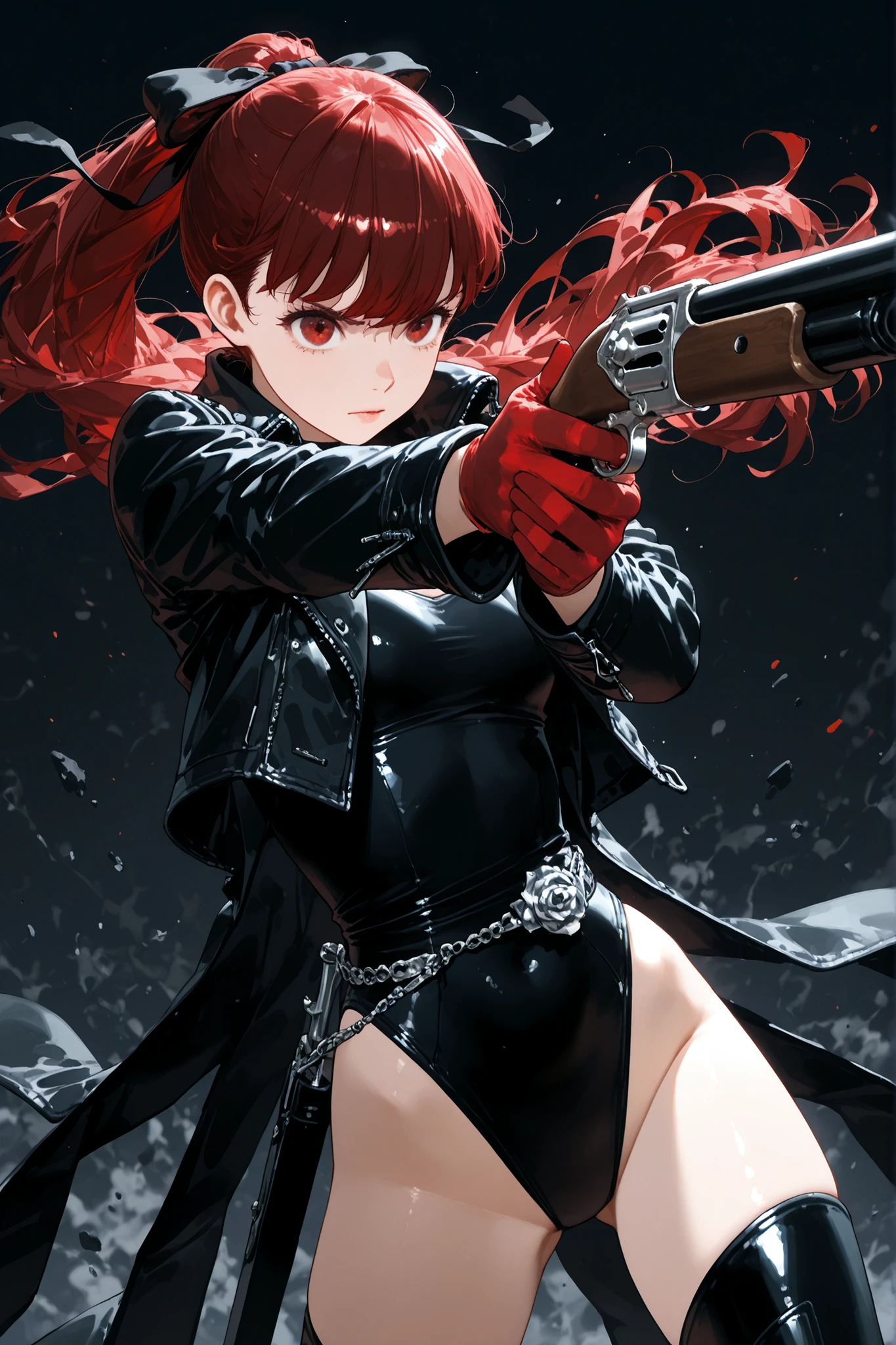 Aim for the middle musket,Kasumi Yoshizawa,red horsetail ,Black Leather Jacket,Black Leotards,black hair bow,serious,Red Hair and Eyes ,long shot, Dynamic Shooting Poses ,small hips,