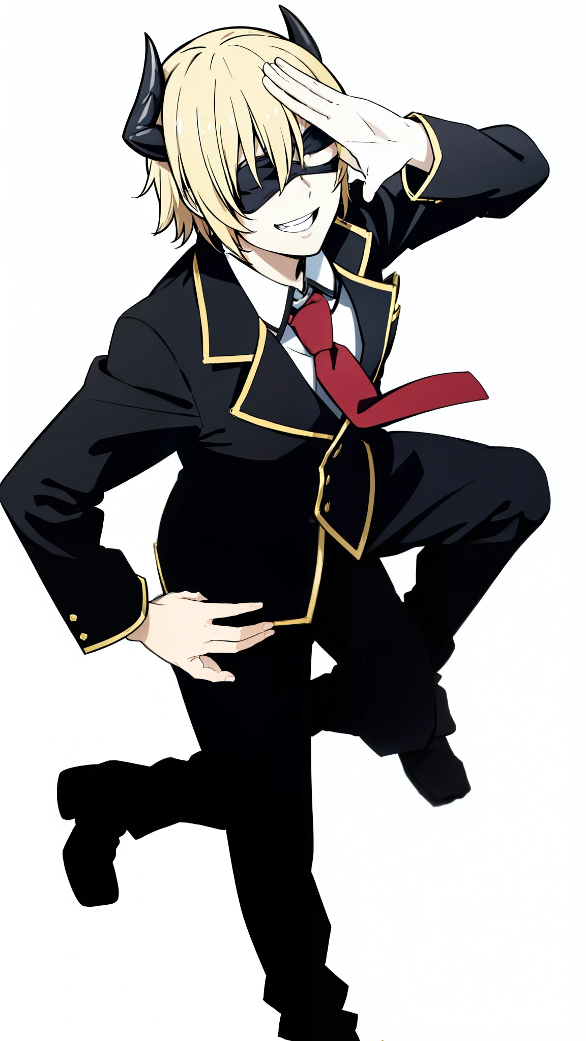 1boy,18s,short hair,blonde hair,smile,solo,(no background, simple background),red necktie,black jacket, blazer,long sleeves,pants,horns,black Blindfold, open mouth, smile