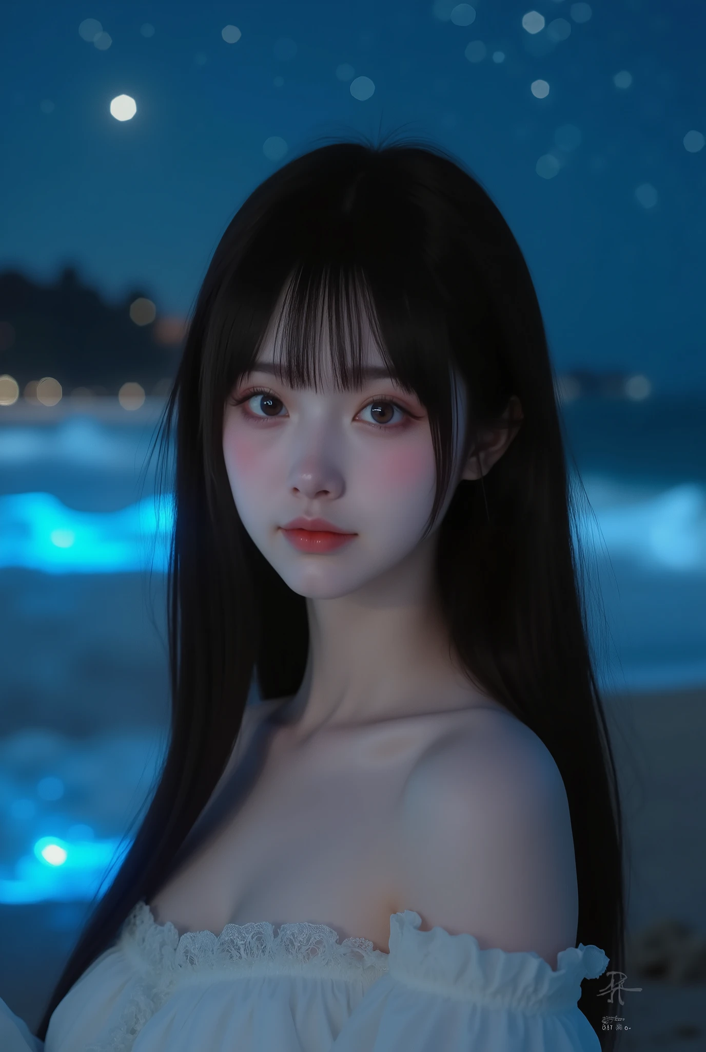 Photo realistic, hyper realistic, ultra detailed, best quality, high resolution. A breathtaking portrait of a stunning young Korean-Chinese woman with porcelain glowing pale skin and long silky straight jet-black hair with thick bangs, cascading smoothly down her back. She gazes into the camera with serene allure, her delicate facial features sharp and elegant.

She is standing by the ocean at night, illuminated by professional cinematic lighting that enhances every detail of her skin and hair with soft highlights and shadows. The beach glows faintly with bioluminescent sand, while the gentle waves shimmer with glowing light reflections as they reach the shore. Above her, countless stars sparkle vividly across the night sky, creating a magical celestial atmosphere.

The composition is captured in sharp focus with shallow depth of field, cinematic lighting, 85mm f1.4 lens effect, ultra-detailed textures, Octane render, 8K, masterpiece photography style. No text, no logo, no watermark.