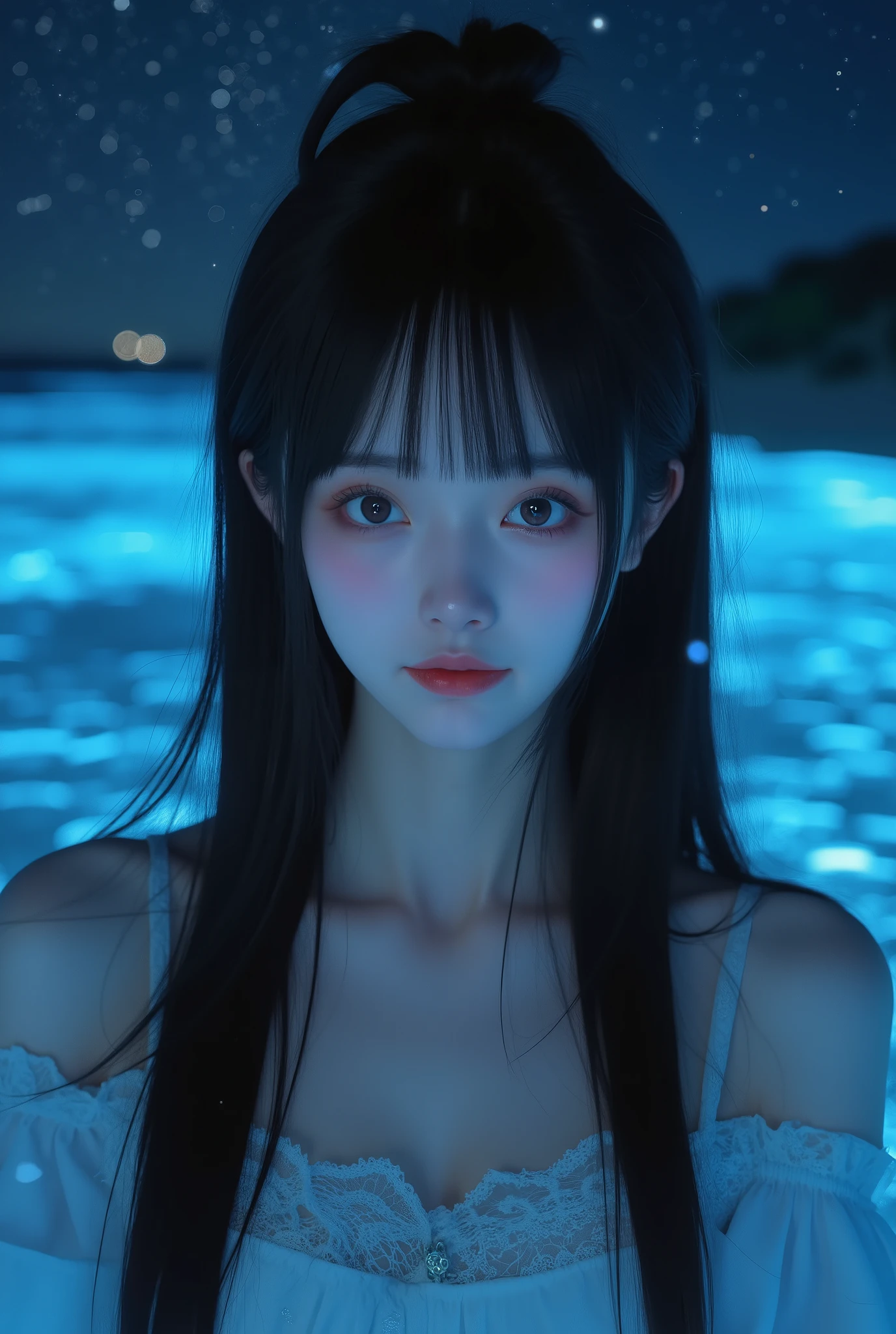 Photo realistic, hyper realistic, ultra detailed, best quality, high resolution. A breathtaking portrait of a stunning young Korean-Chinese woman with porcelain glowing pale skin and long silky straight jet-black hair with thick bangs, cascading smoothly down her back. She gazes into the camera with serene allure, her delicate facial features sharp and elegant.
She is standing by the ocean at night, illuminated by professional cinematic lighting that enhances every detail of her skin and hair with soft highlights and shadows. The beach glows faintly with bioluminescent sand, while the gentle waves shimmer with glowing light reflections as they reach the shore. Above her, countless stars sparkle vividly across the night sky, creating a magical celestial atmosphere.
The composition is captured in sharp focus with shallow depth of field, cinematic lighting, 85mm f1.4 lens effect, ultra-detailed textures, Octane render, 8K, masterpiece photography style. No text, no logo, no watermark.