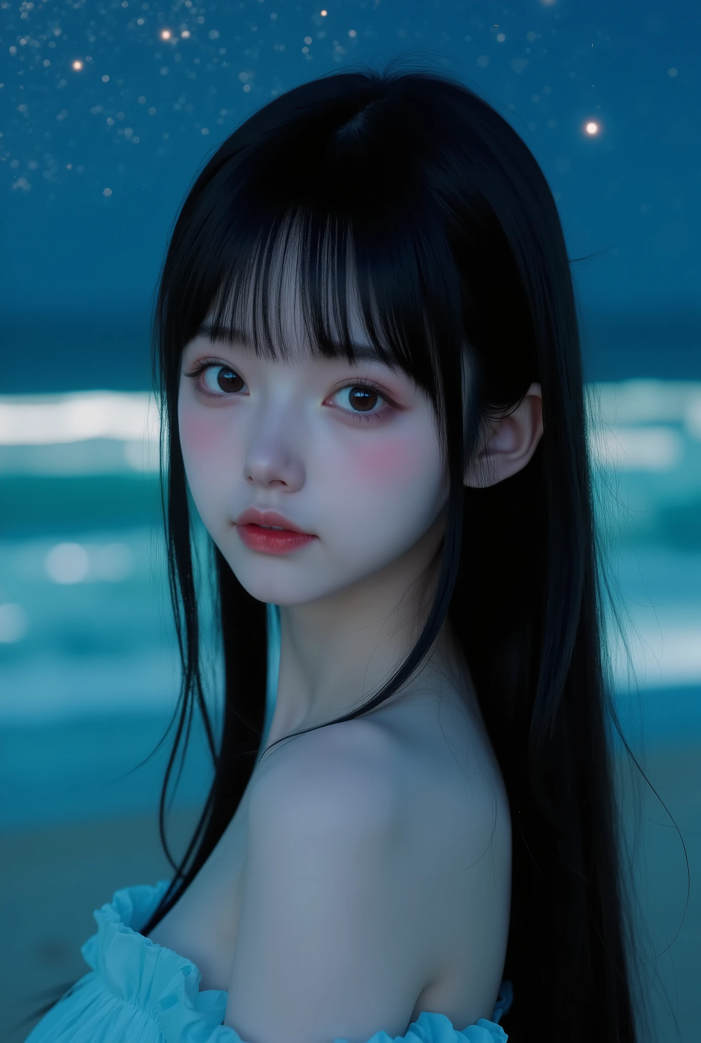 Photo realistic, hyper realistic, ultra detailed, best quality, high resolution. A breathtaking portrait of a stunning young Korean-Chinese woman with porcelain glowing pale skin and long silky straight jet-black hair with thick bangs, cascading smoothly down her back. She gazes into the camera with serene allure, her delicate facial features sharp and elegant.
She is standing by the ocean at night, illuminated by professional cinematic lighting that enhances every detail of her skin and hair with soft highlights and shadows. The beach glows faintly with bioluminescent sand, while the gentle waves shimmer with glowing light reflections as they reach the shore. Above her, countless stars sparkle vividly across the night sky, creating a magical celestial atmosphere.
The composition is captured in sharp focus with shallow depth of field, cinematic lighting, 85mm f1.4 lens effect, ultra-detailed textures, Octane render, 8K, masterpiece photography style. No text, no logo, no watermark.