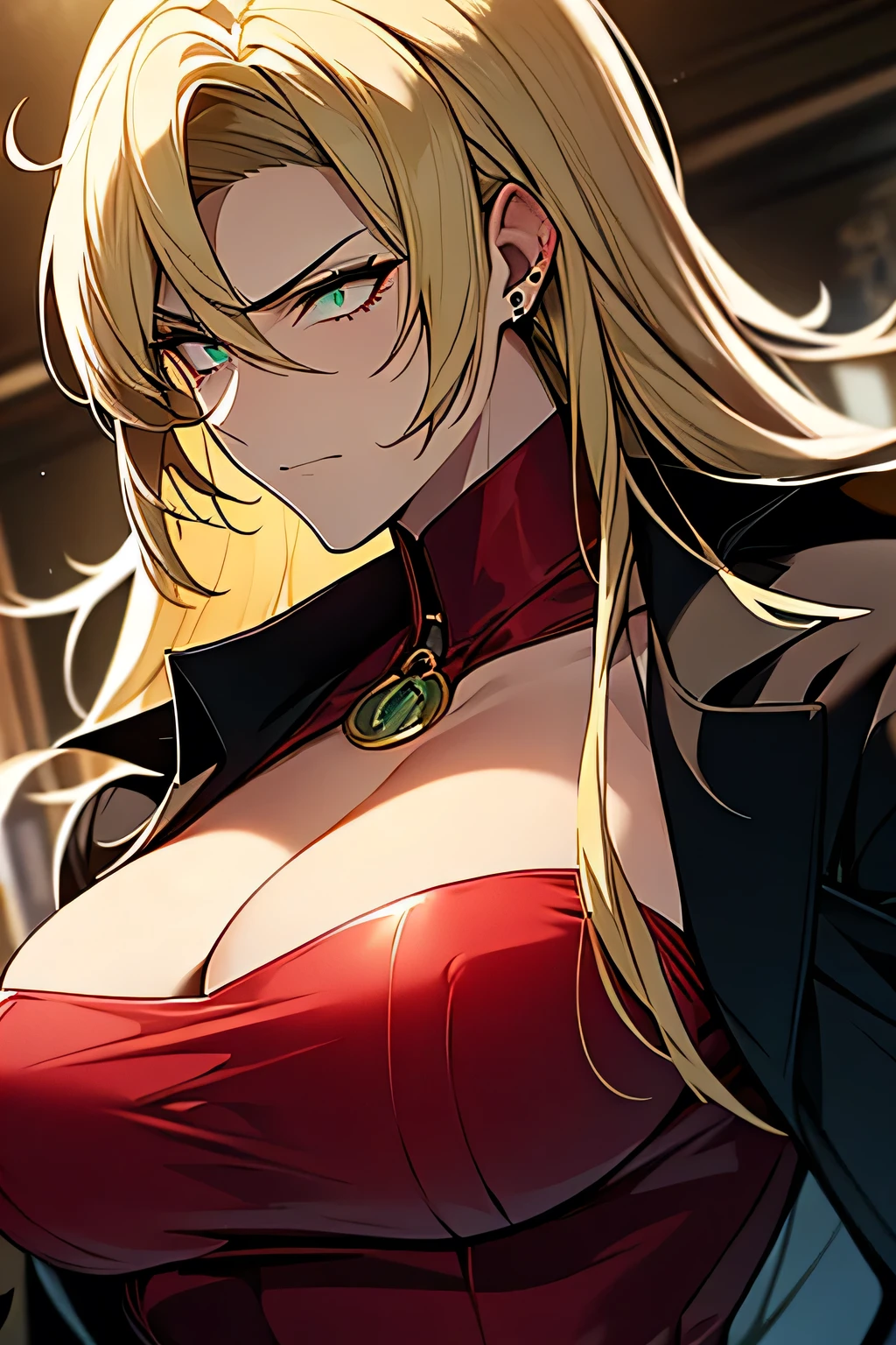 anime style, ultra detailed portrait, large muscular older mafia woman with wild voluminous blonde hair swept back, battle scars visible on face, neck and arms, piercing cold eyes, broad shoulders, strong jawline, wearing a luxurious black suit, deep red silk shirt, unbuttoned collar, heavy fur coat, gold rings and bold jewelry, serious and vicious expression, holding a custom pistol, photorealistic anime shading, masterpiece, depth of field, atmosphere of violent authority and mafia elegance