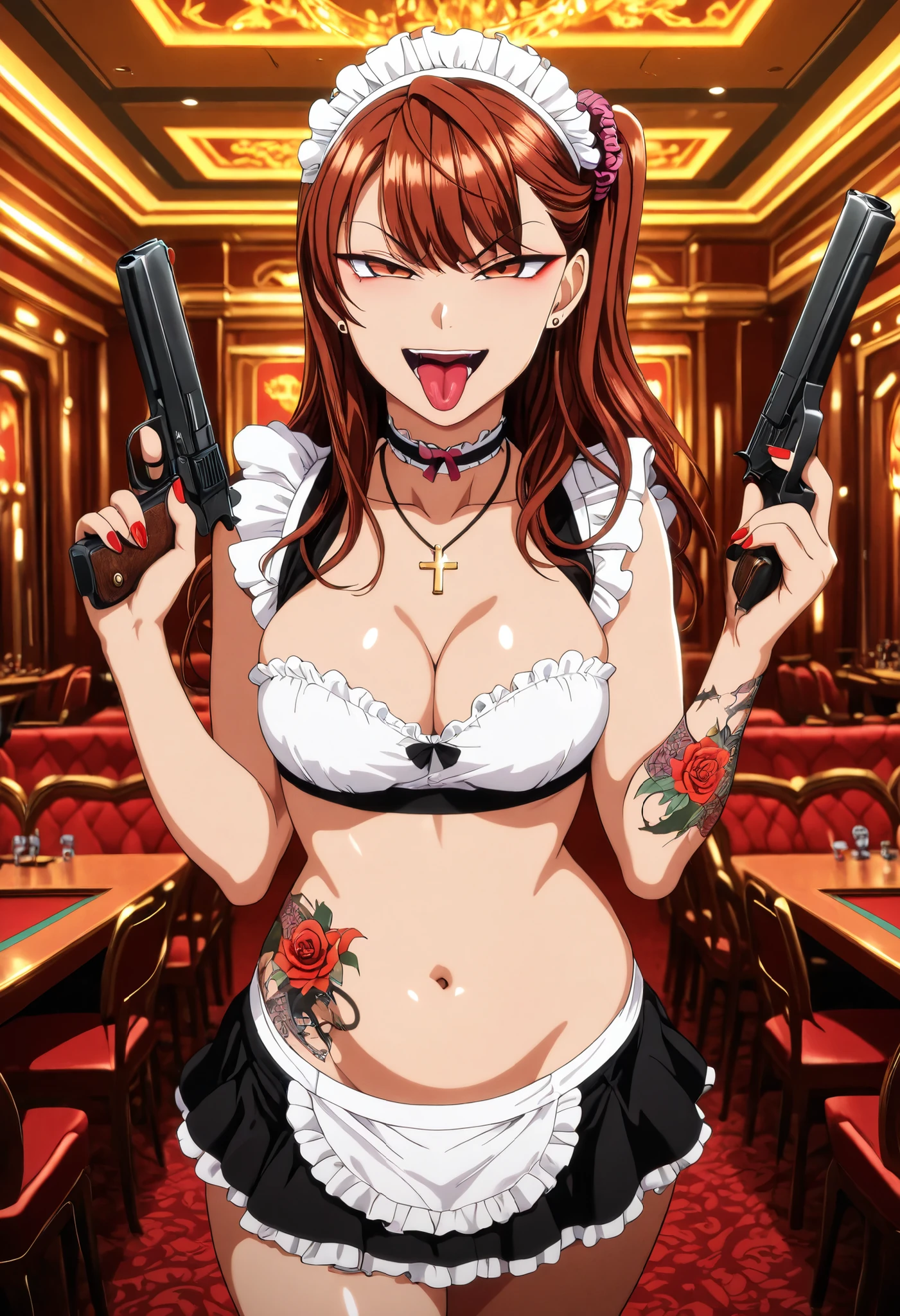 masterpiece,best quality,good quality,newest,
looking at viewer,
solo,IzumiNogami,1girl,brown hair,long hair,hair scrunchie,one -side -up,brown eyes,
nail polish , , makeup , ear piercing , long hair , lipstick , Hot girl , baddie , smoking , sensual , attractive , choker , cross necklace ,jewelry, earrings, complex detailed background, casino environment, fancy interior environment,
rich interior, masterpiece, best quality, highly detailed, a girl in maid uniforms, holding pistol, maid
outfit, cleavage, evil smile, smile, open mouth ,official artwork, () , beautiful maid
girl, , micro skirt, exposed belly, exposed navel, exposed midriff, exposed lower belly, holding a gun,
, tongue out , open mouth,,medium ,looking at viewer , dragon tattoo on waist, narrowed eyes, tattoo on waist, anipai_style , anime screencap , anime coloring, v-shape eyebrows,
